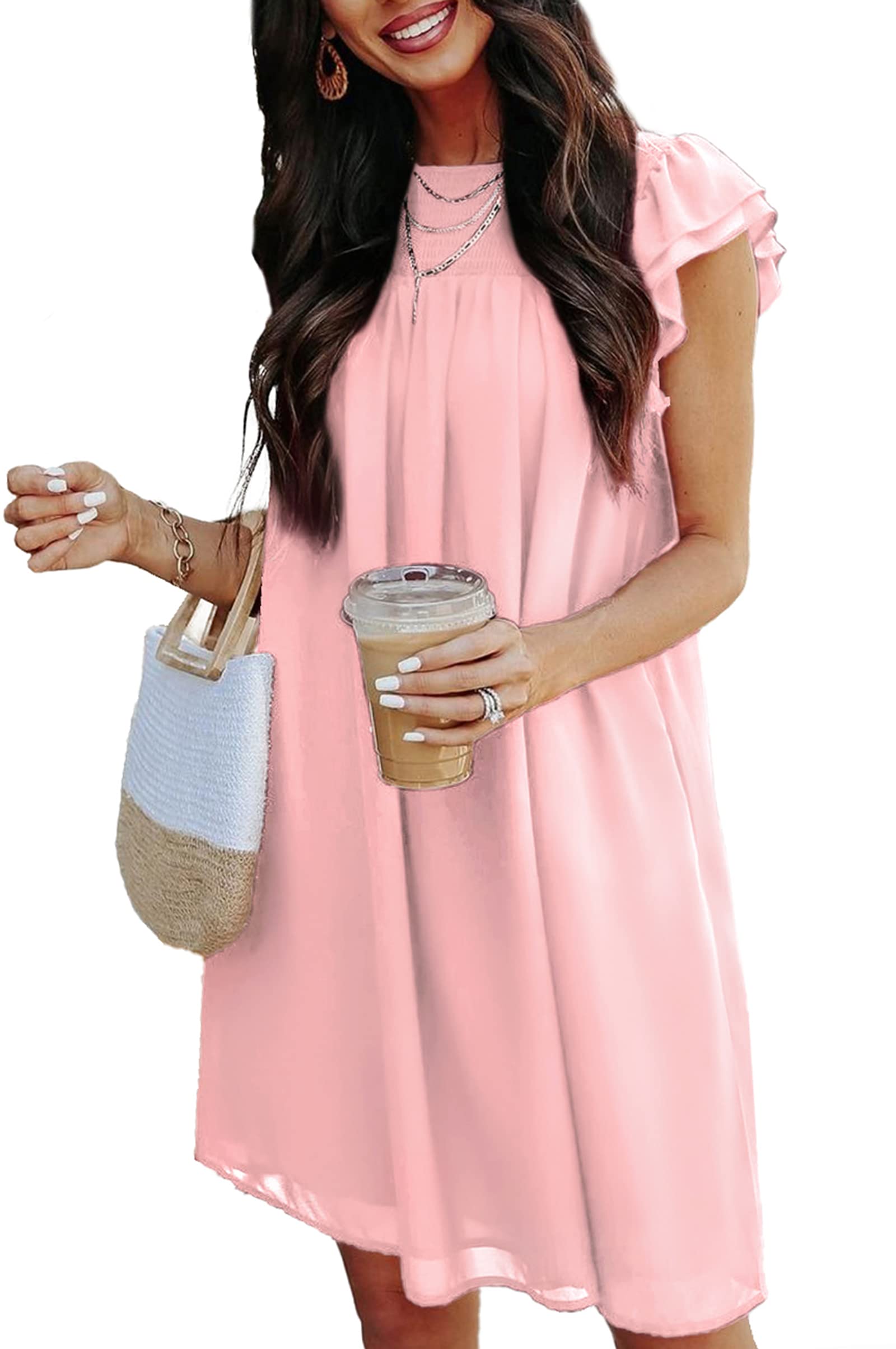KIRUNDO Women's Short Sleeve Chiffon Sundress - Flowy Ruffle Babydoll Mini Dress for Wedding Guest, Spring & Summer | Perfect for Beach Parties, Date Nights & Casual Outings