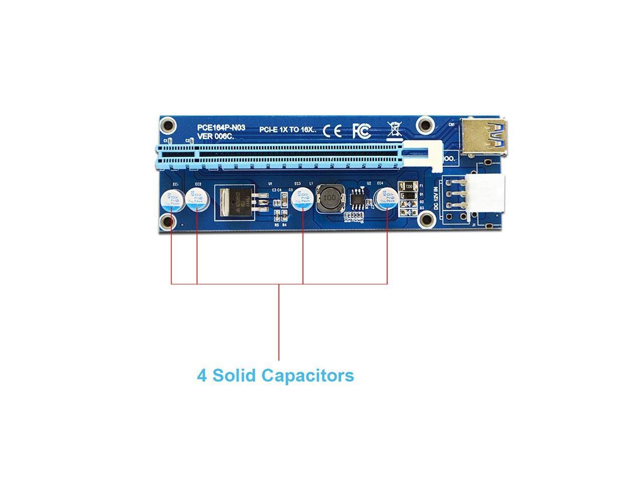 4 Solid Capacitors VER 006C PCIe 1x to 16x Riser Card - Powered PCI Express Extender for Ethereum Mining, ETH GPU Riser Adapter with 6-Pin PCIe & SATA Power, 60cm USB 3.0 Cable - Ideal for Crypto Mining Rigs & GPU Expansion