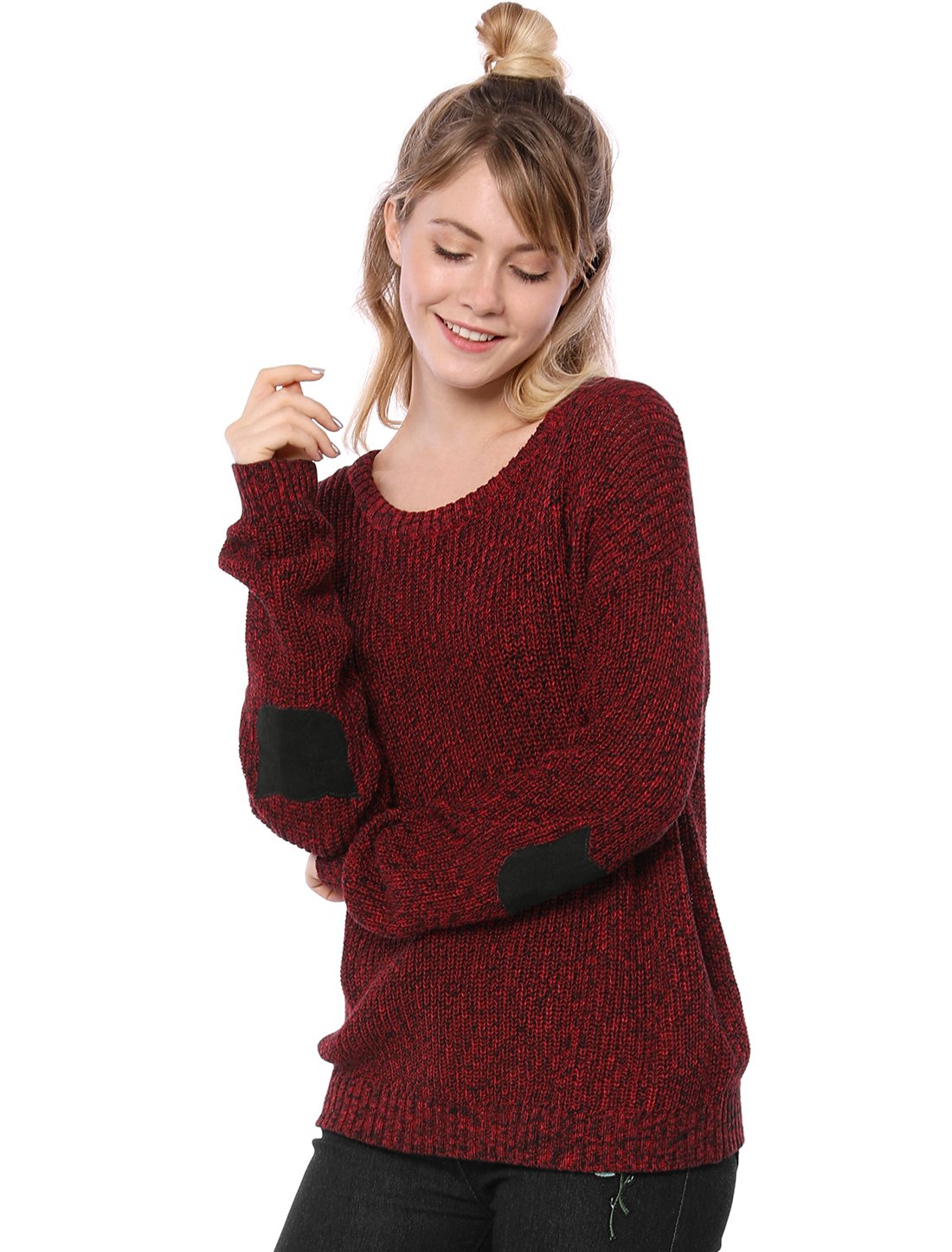 Allegra K Women's Long Sleeve Cat Sweater with Elbow Patches - Drop Shoulder Pullover Jumper for Casual Wear, Office & Fall Outfits