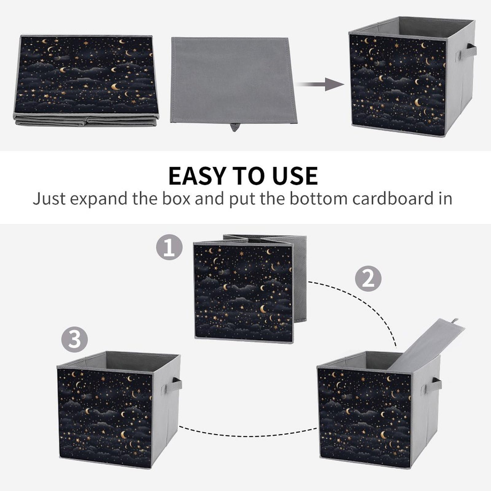 2PCS Collapsible Storage Bins with Dual Handles - Foldable Fabric Storage Baskets Organizer Cubes with Stars & Moon Pattern for Clothes, Toys, Home Organization - Perfect for Bedroom, Closet, Nursery & Office Storage Solutions