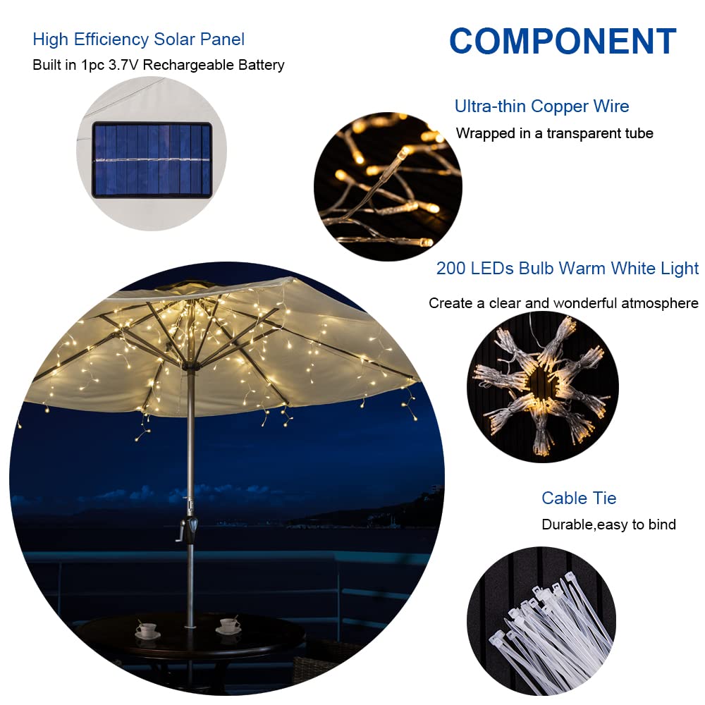 Solar Umbrella Lights with 200 LEDs - Waterproof Warm White String Lights for Patio, Garden, Backyard, Pool & Beach Decor - Perfect for Outdoor Dining, Evening Gatherings & Summer Nights