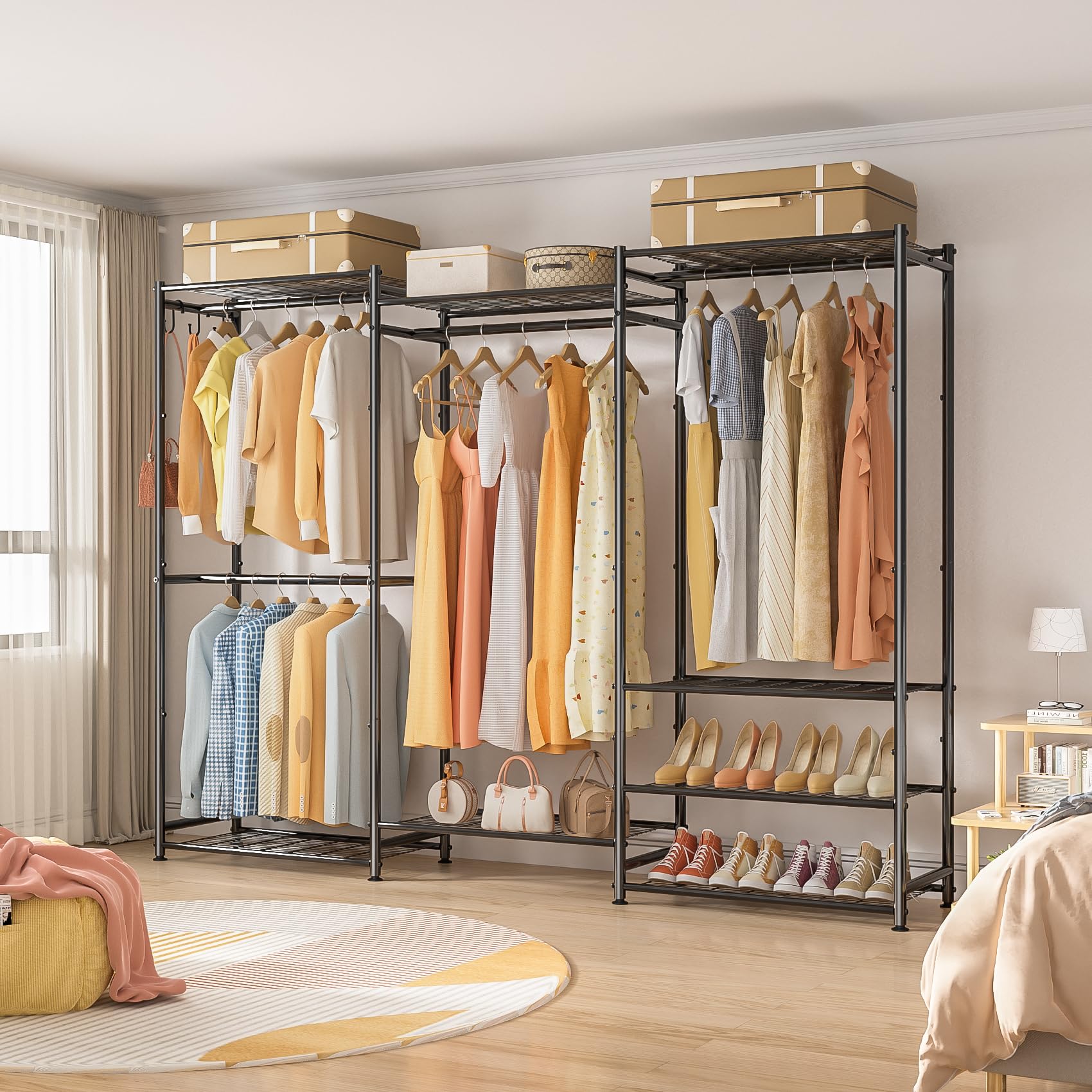 Heavy Duty Portable Wardrobe Closet Organizer - 4 Hanging Rods & 8 Shelves Metal Garment Rack for Clothes Storage, Max Load 890 lbs - Perfect for Bedroom, Closet Organization, Dorm Room & Temporary Clothing Storage