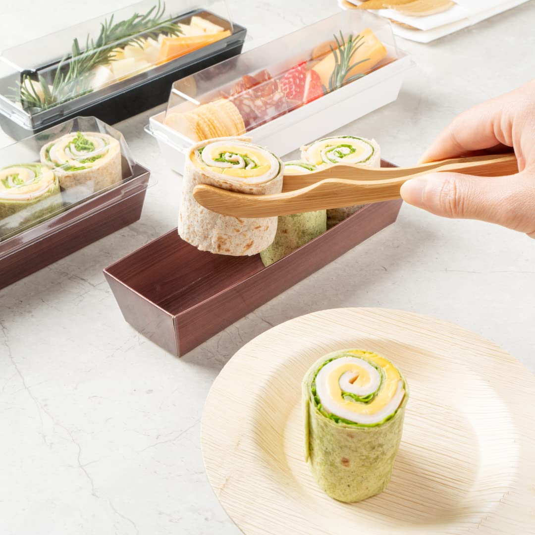 Restaurantware Matsuri Vision 6.5 x 1.7 x 1.4 Inch Disposable Sushi Trays - 100 Greaseproof Wood Grain Paper Sushi Containers for Appetizers, Desserts & Takeout (Lids Sold Separately) | Perfect for Japanese Restaurants, Catering & Food Delivery