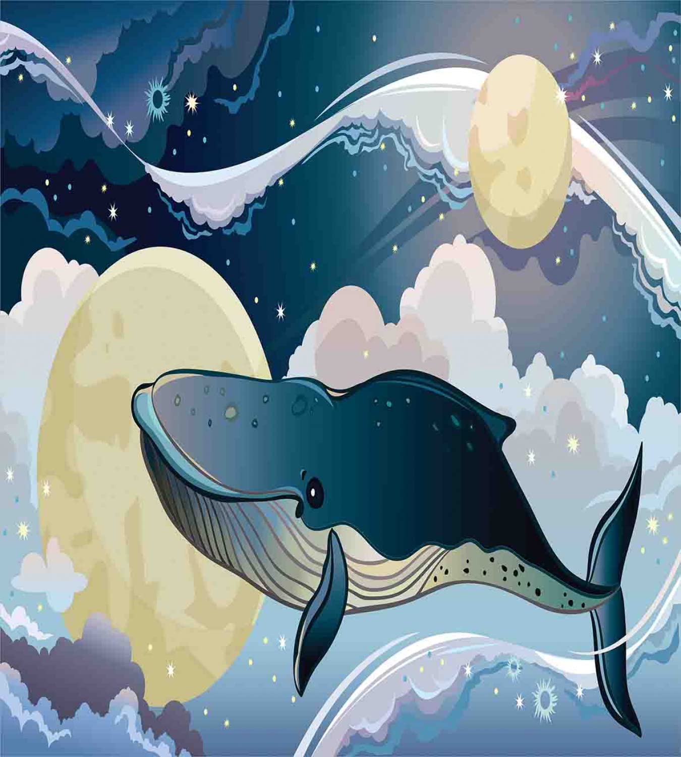 Ambesonne Cartoon Duvet Cover Set - Bohemian Style Fish Flying Over Night Clouds & Planets - Twin Size Bedding Set with 2 Duvet Covers & 2 Pillowcases (Night Blue & White) - Perfect for Kids' Rooms, Dorm Decor & Bohemian Bedroom Themes