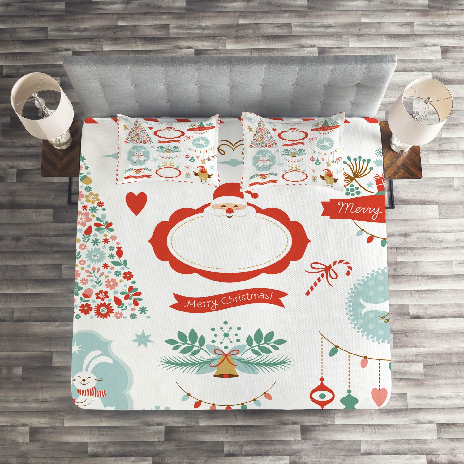 Ambesonne Christmas Quilt Set - 3 Piece King Size Holiday Bedspread with 2 Pillow Shams, Pastel Yuletide Themed Decorative Coverlet for Festive Bedroom Decor - Perfect for Christmas Home Styling & Cozy Winter Nights