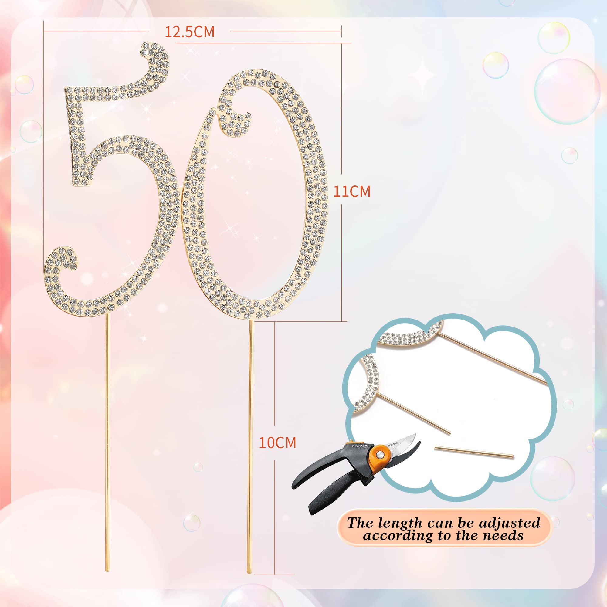 50th Birthday Cake Topper - Gold Glitter Rhinestone Cake Decorations for Anniversary Party, Wedding, Retirement Celebration - Elegant Cake Topper for Special Occasions