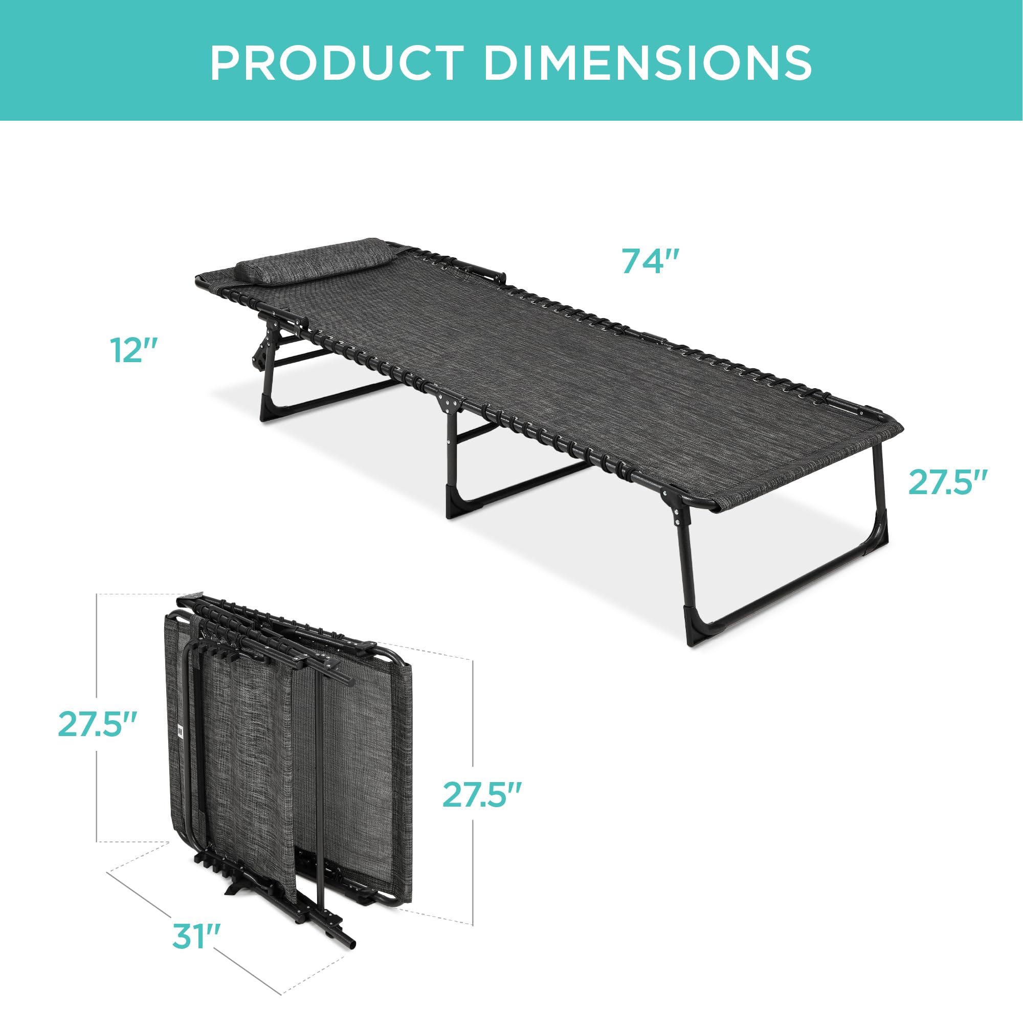 Best Choice Products Patio Chaise Lounge Chair - Portable Outdoor Folding Recliner with 8 Adjustable Positions & Handles, 300lb Weight Capacity - Gray - Perfect for Backyard, Poolside, Beach, and Camping Relaxation