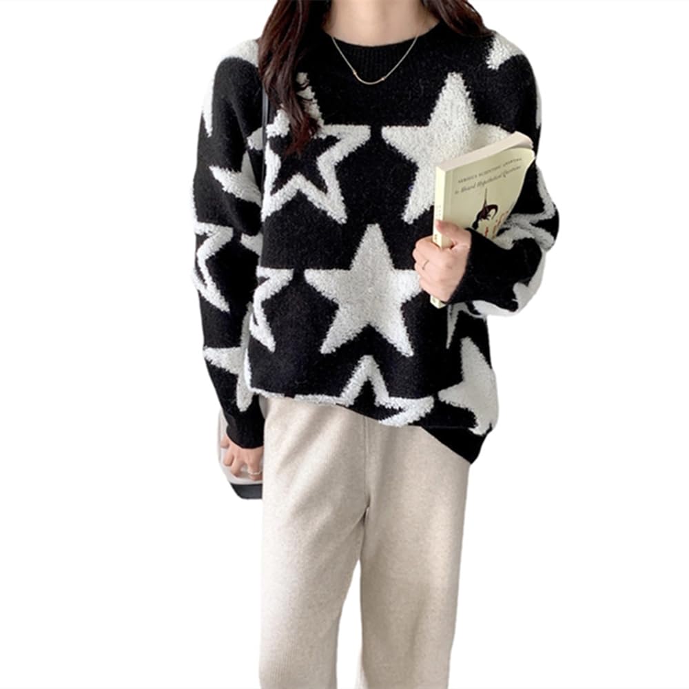 Women's Casual Star Print Sweater - Crew Neck Long Sleeve Drop Shoulder Knit Pullover | Cozy Winter Wear, Fall Fashion, Office & Weekend Outfits