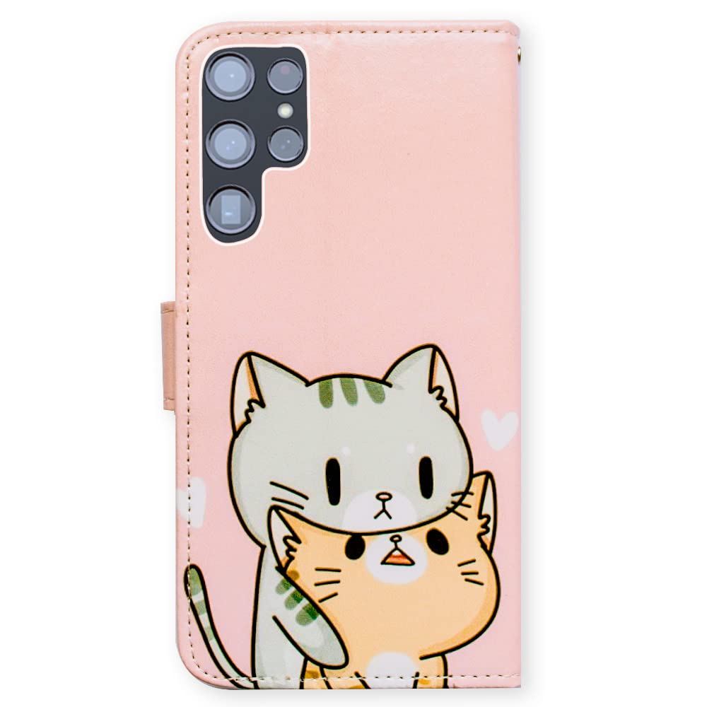 Premium Leather Wallet Case for Samsung Galaxy S22 Ultra - Green Cat Yellow Cat Design with Multi-Card Slots, Flip Cover & Wrist Strap | Perfect for Everyday Use, Travel & Business Meetings