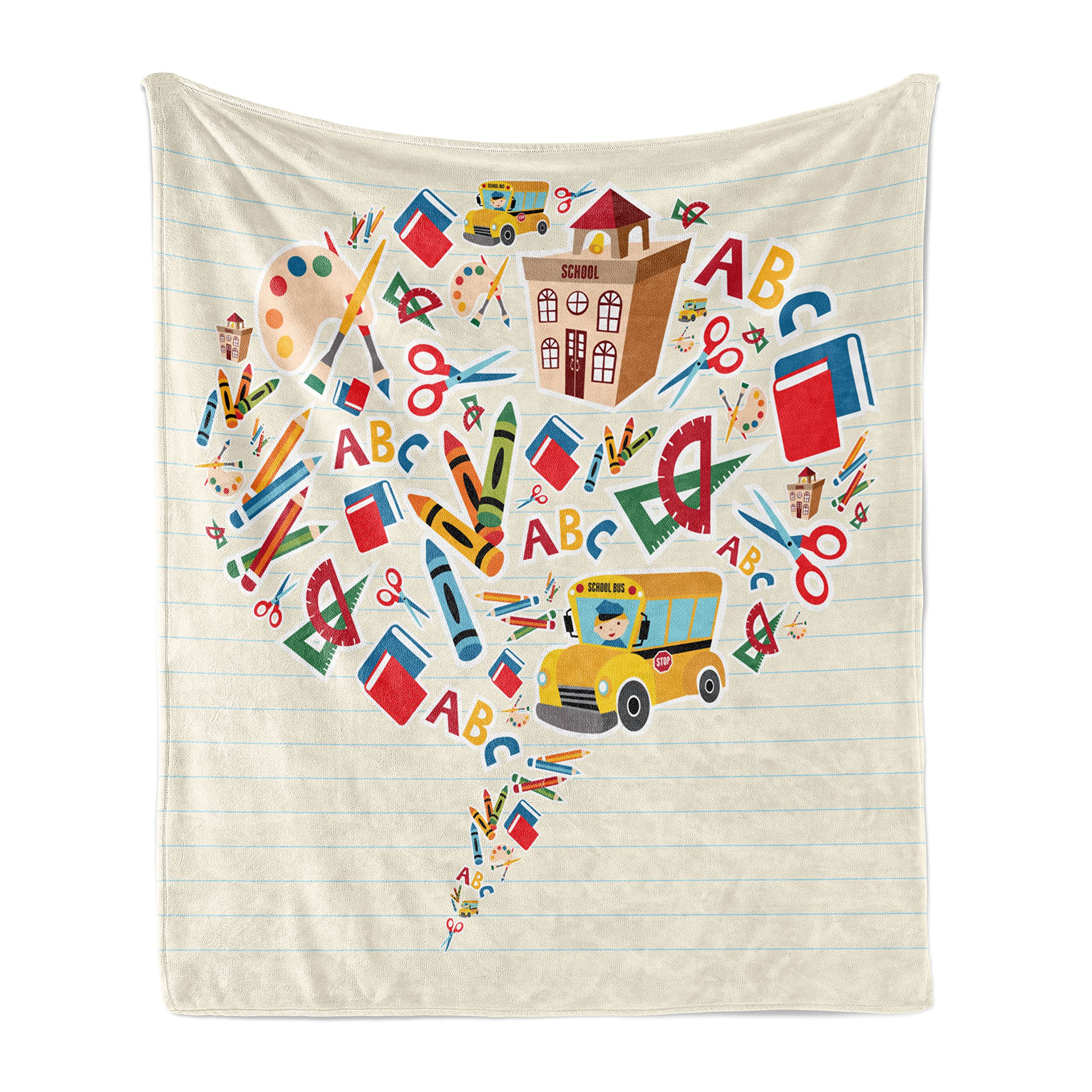 Ambesonne Bus Throw Blanket - Speech Bubble Design with School Tools ABCs, Rulers, Scissors, Notebooks & Crayons - Soft Flannel Fleece Blanket for Couch, Bed, Sofa - 50