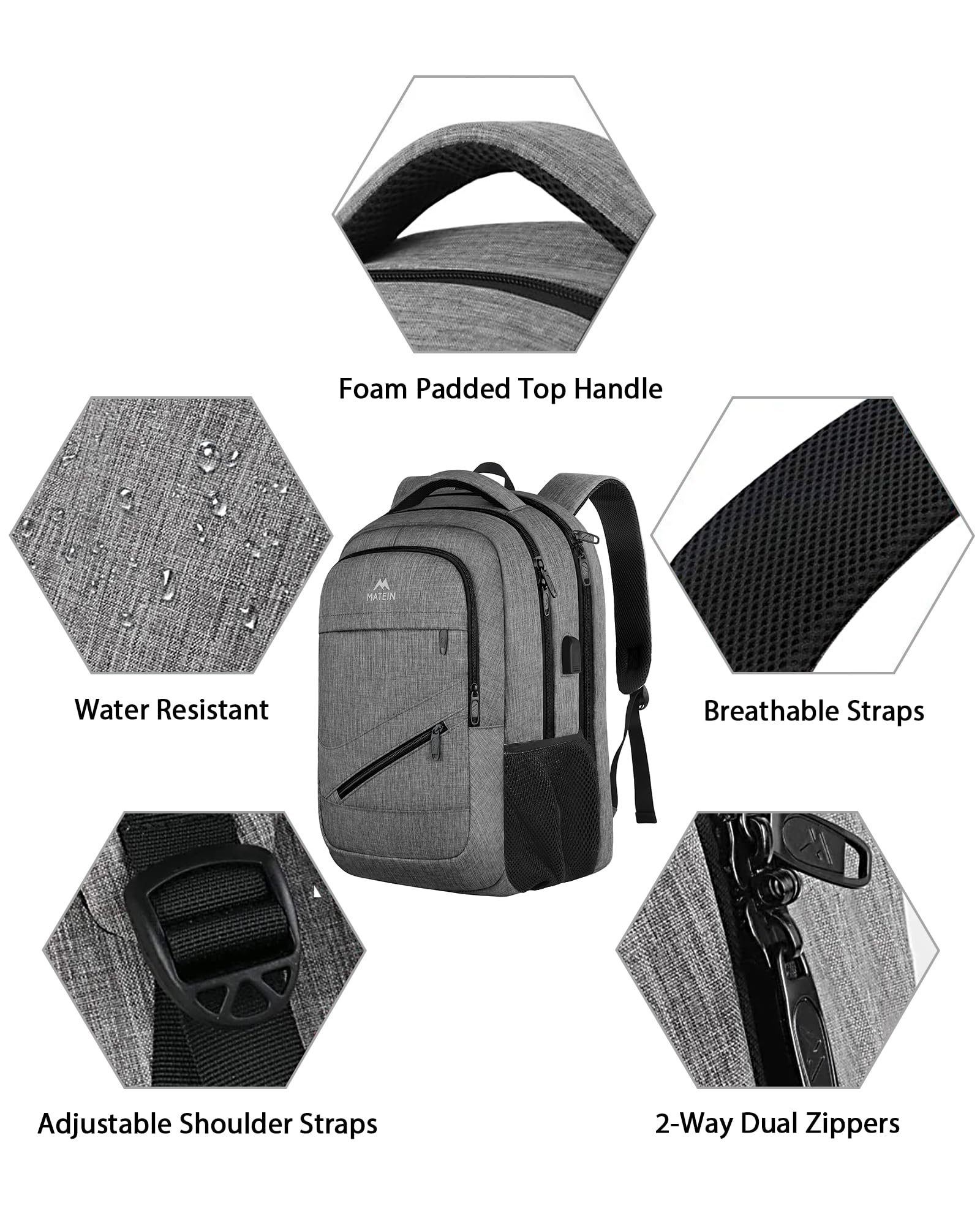 Matein 17 Inch Travel Laptop Backpack - TSA Approved Business Carry On Backpack with USB Charging Port & Trolley Sleeve, Durable College School Book Bag for Men & Women (Grey) - Perfect for Air Travel, Commuting & Campus Life