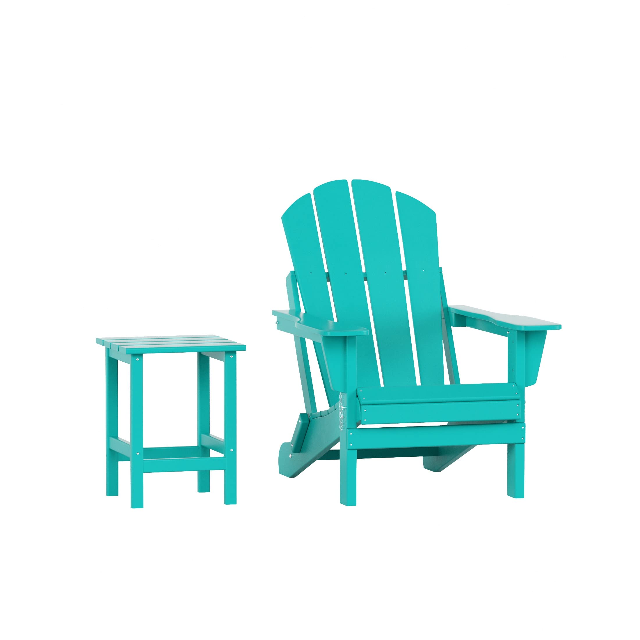 WO Home Furniture 2-Piece Adirondack Chair Set with Side Table - Outdoor Folding Chairs Weatherproof & UV Resistant for Patio, Garden, Camping, Beach, Backyard (Turquoise) - Perfect for Relaxing, Sunbathing and Outdoor Gatherings