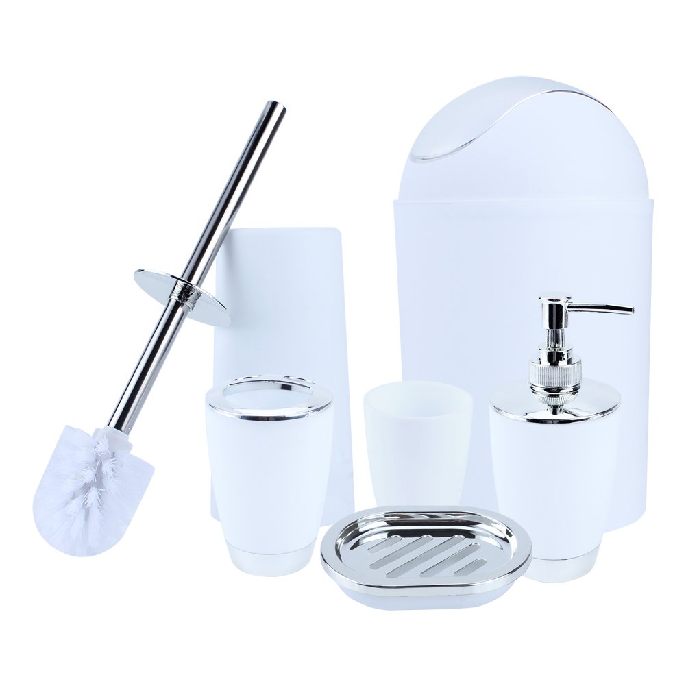 Luxury 6-Piece White Plastic Bathroom Accessory Set - Includes Lotion Bottles, Toothbrush Holder, Tooth Mug, Soap Dish, Toilet Brush & Trash Can | Modern Bathroom Organization for Home, Hotel & Spa Decor