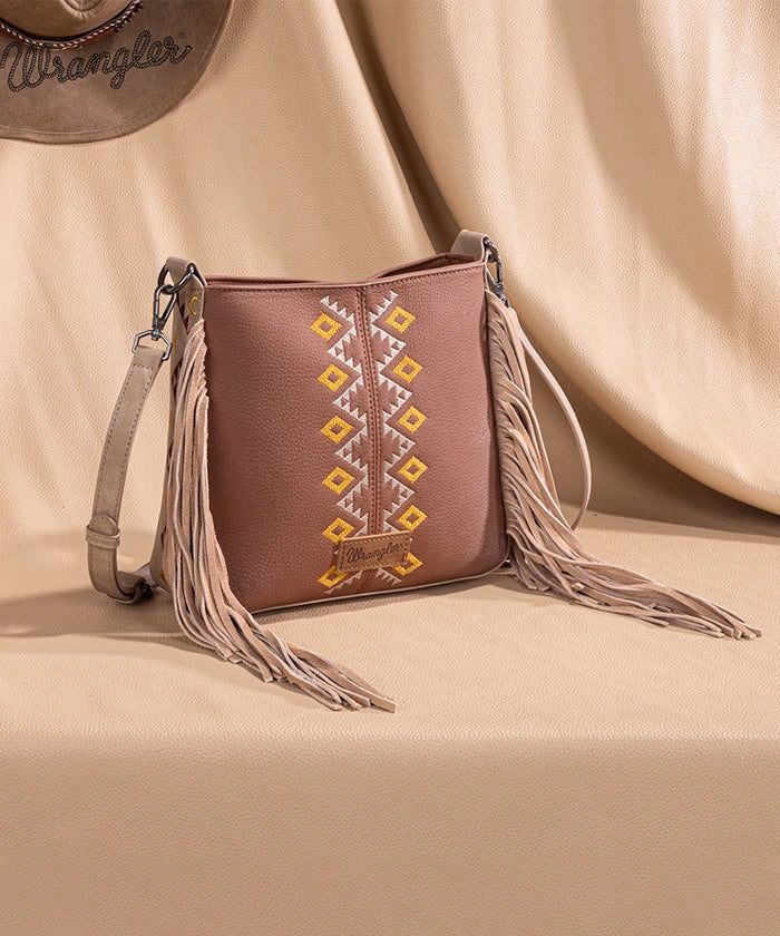 Wrangler Aztec Embroidered Fringe Crossbody Bag for Women - Boho Chic Handbag Perfect for Music Festivals & Everyday Use