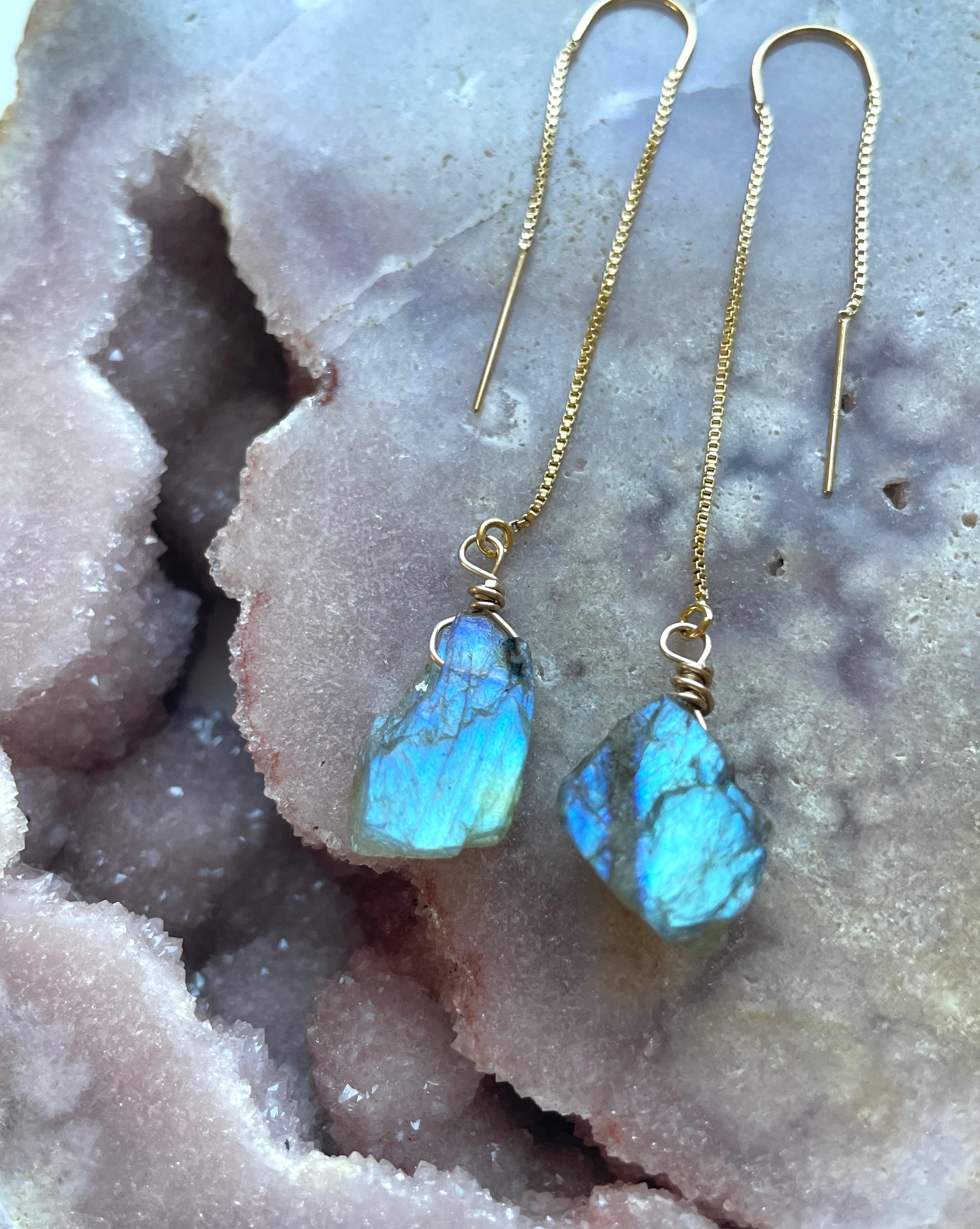 Labradorite Threader Earrings - Sterling Silver or 14K Gold Filled Dangle Earrings for Women | Healing Crystal Jewelry for Everyday Wear & Special Occasions