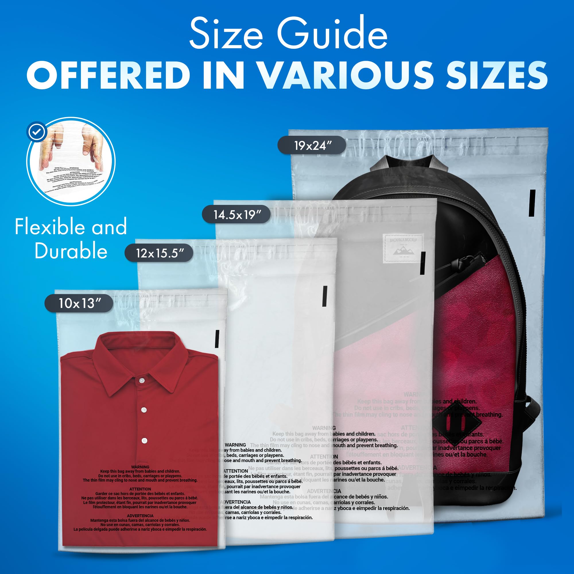 Clear Plastic Flat Poly Bags 19x24 Inches 1.5 Mil with Self Seal Adhesive - 500 Pack for FBA Packaging, Jewelry Storage, Clothing Protection & Document Preservation | Permanent Seal with Suffocation Warning | Ideal for Ecommerce Shipping, Retail Display & Home Organization