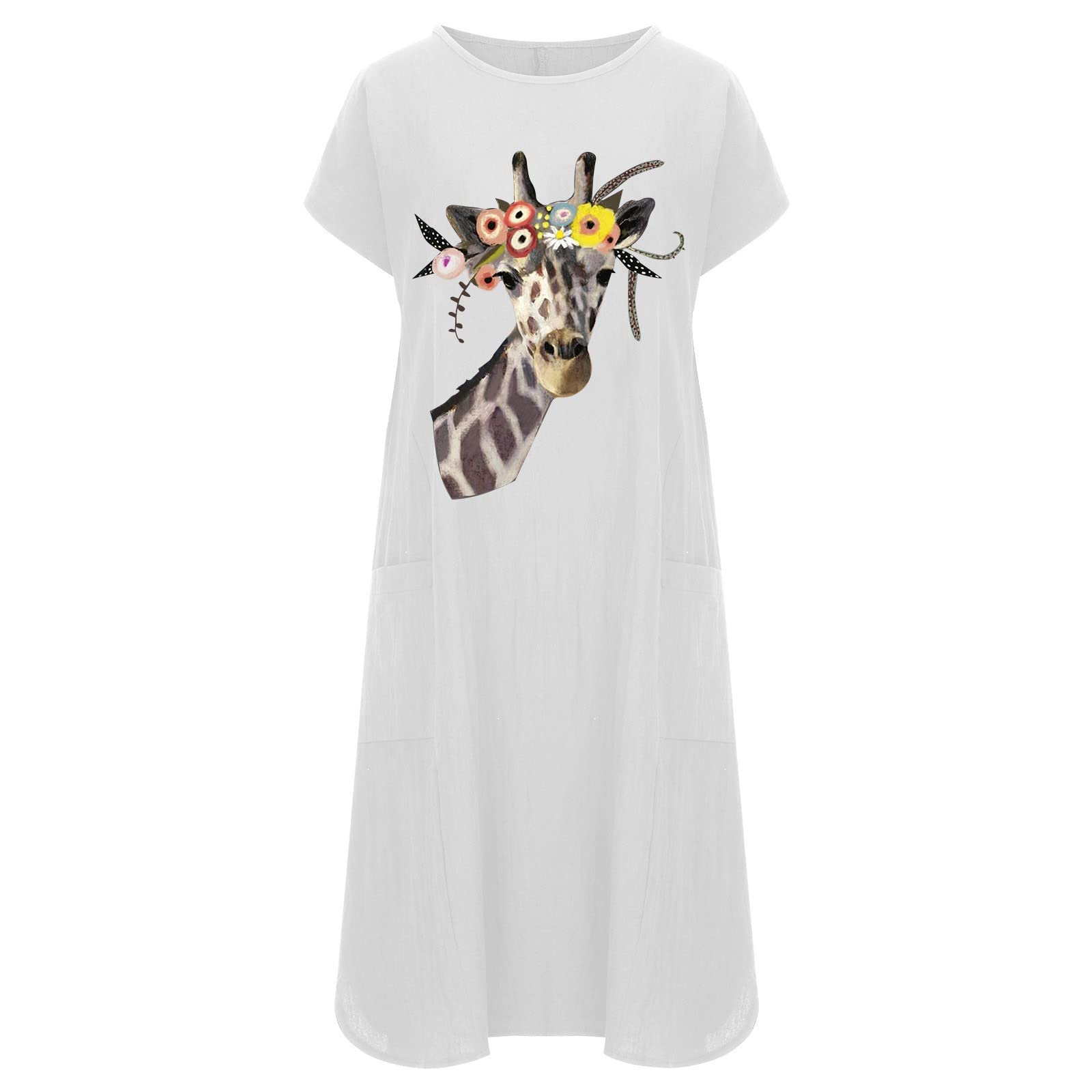 Women's Giraffe Print Loose Short Sleeve Summer Dress - Casual Round Neck Flowy T-Shirt Dress for Beach, Vacation & Everyday Wear
