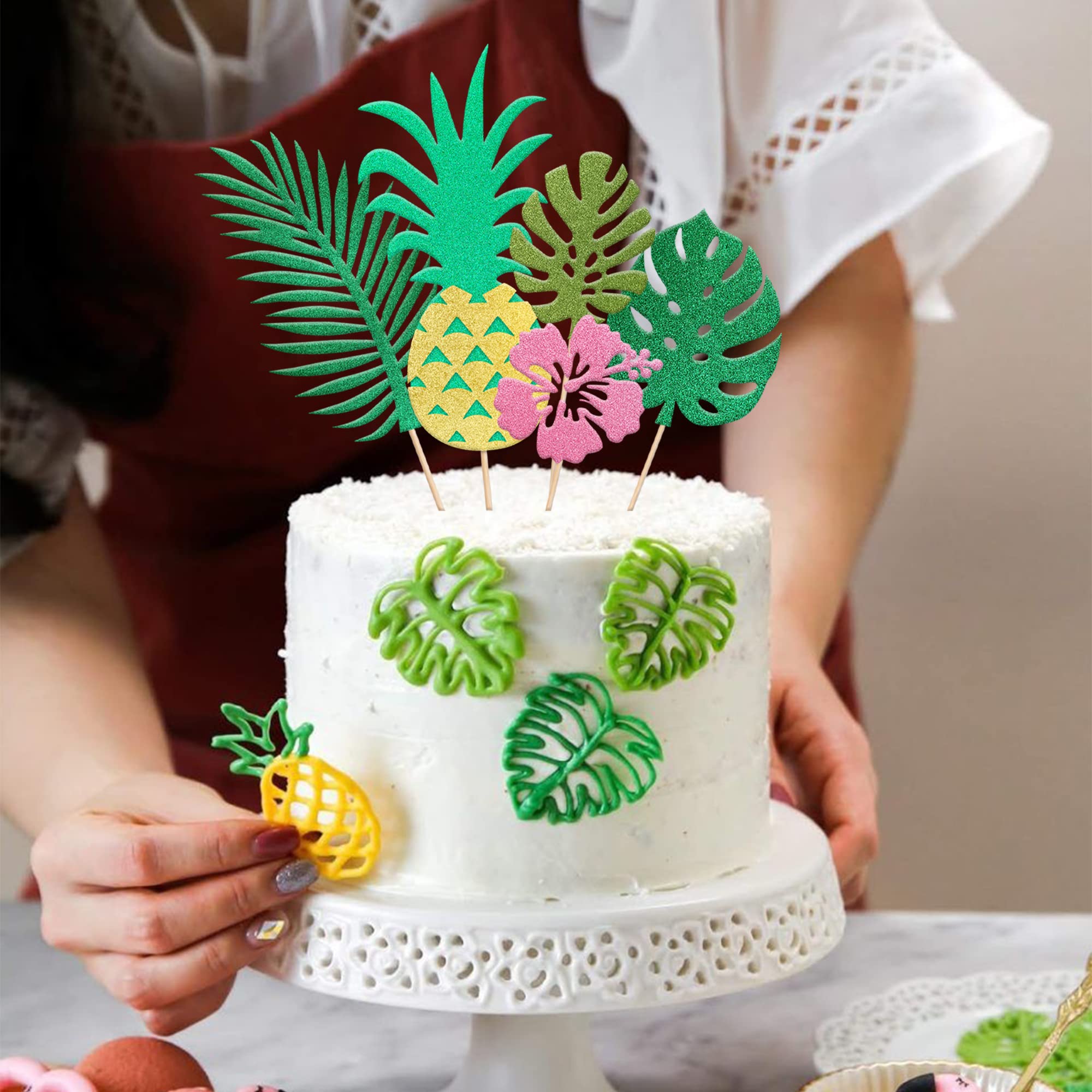 5 PCS Tropical Cake Toppers - Glitter Flower Pineapple Cake Picks with Greenery Palm Leaf Decor for Summer, Hawaii Luau, Baby Shower & Birthday Parties - Perfect for Beach Themed Celebrations and Tropical Dessert Displays