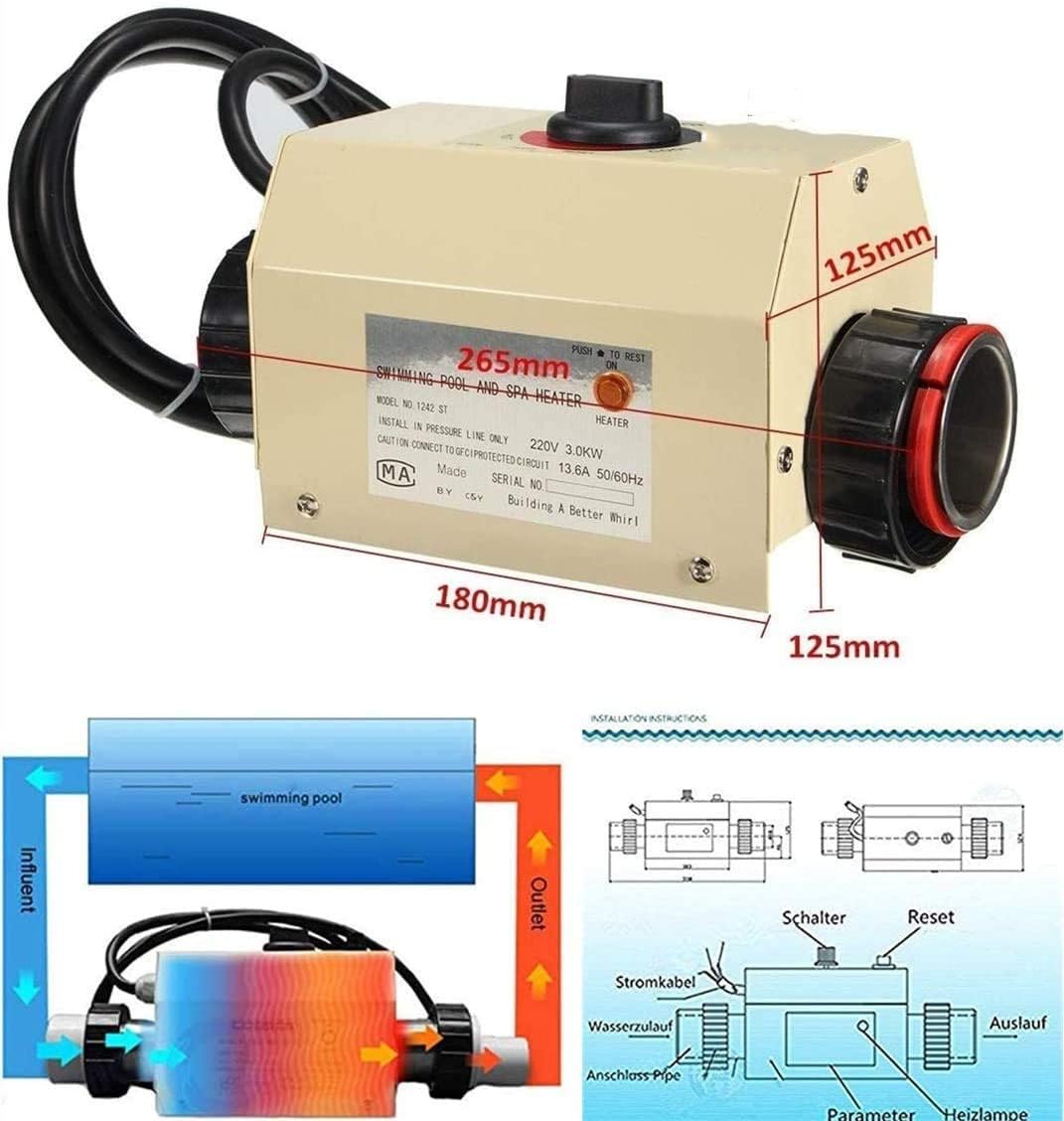 Energy Efficient Electric Swimming Pool Heat Pump for Above Ground Pools up to 2000 Gallons - 12,000 BTU/hr Max Output with Titanium Heat Exchanger - 110V~120V/60Hz - Perfect for Extending Swimming Season and Maintaining Comfortable Water Temperature