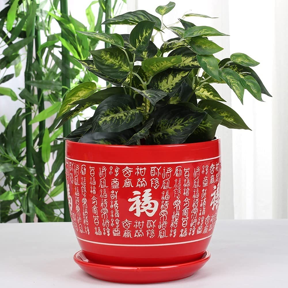 WANIYA1 Large Red Ceramic Planter - Chinese Style Cylinder Flower Pot for Succulents, Bonsai, Home & Garden Decor (21cm) - Perfect for Indoor Plants, Outdoor Gardening, and Decorative Centerpieces
