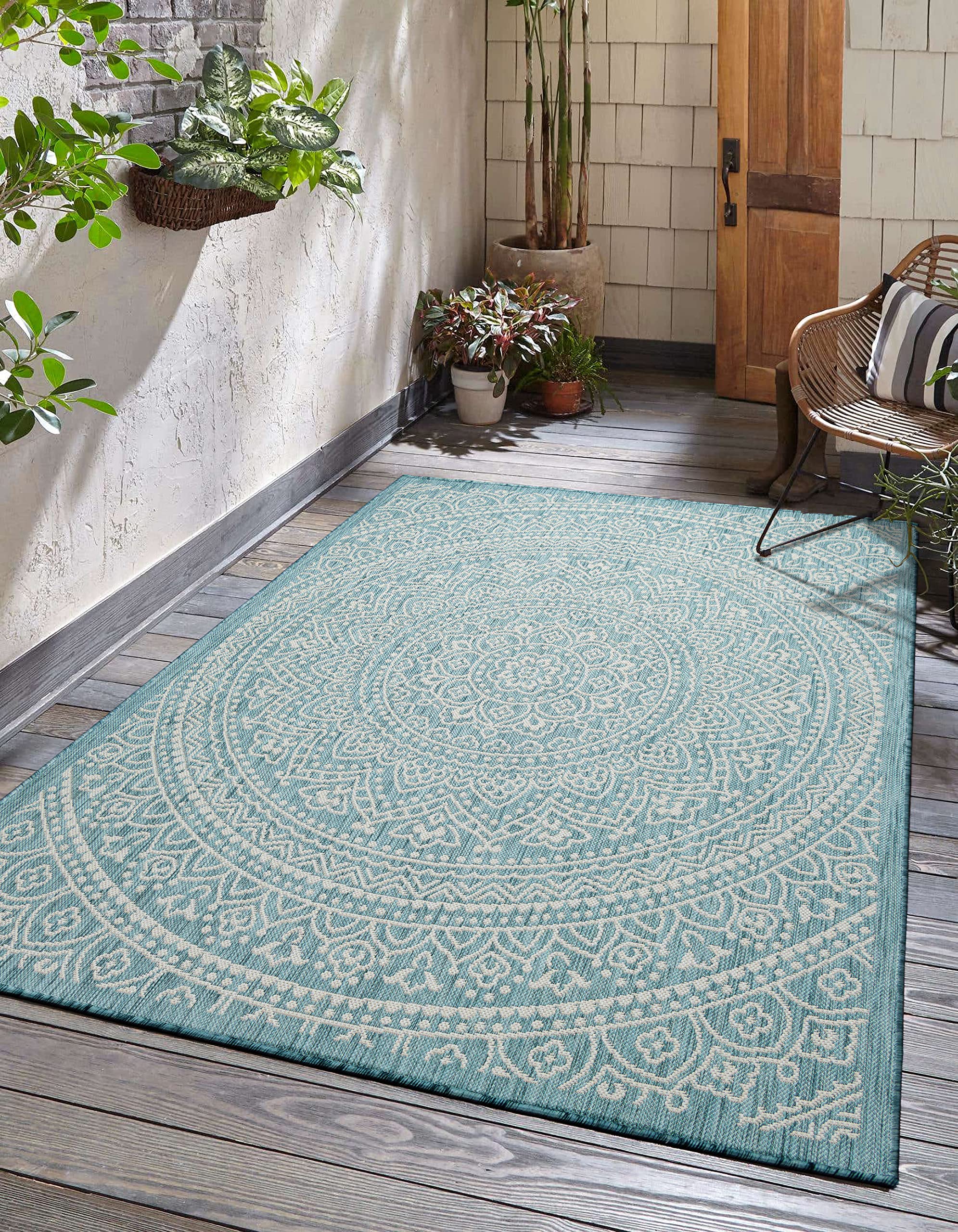 Adiva Rugs 9' x 12' Indoor Outdoor Area Rug - Waterproof, Stain & Weather Resistant, Easy Clean Floor Mat for Dining Room, Backyard, Deck, Patio - Perfect for Outdoor Entertaining & Home Decor (Aqua Weiss)