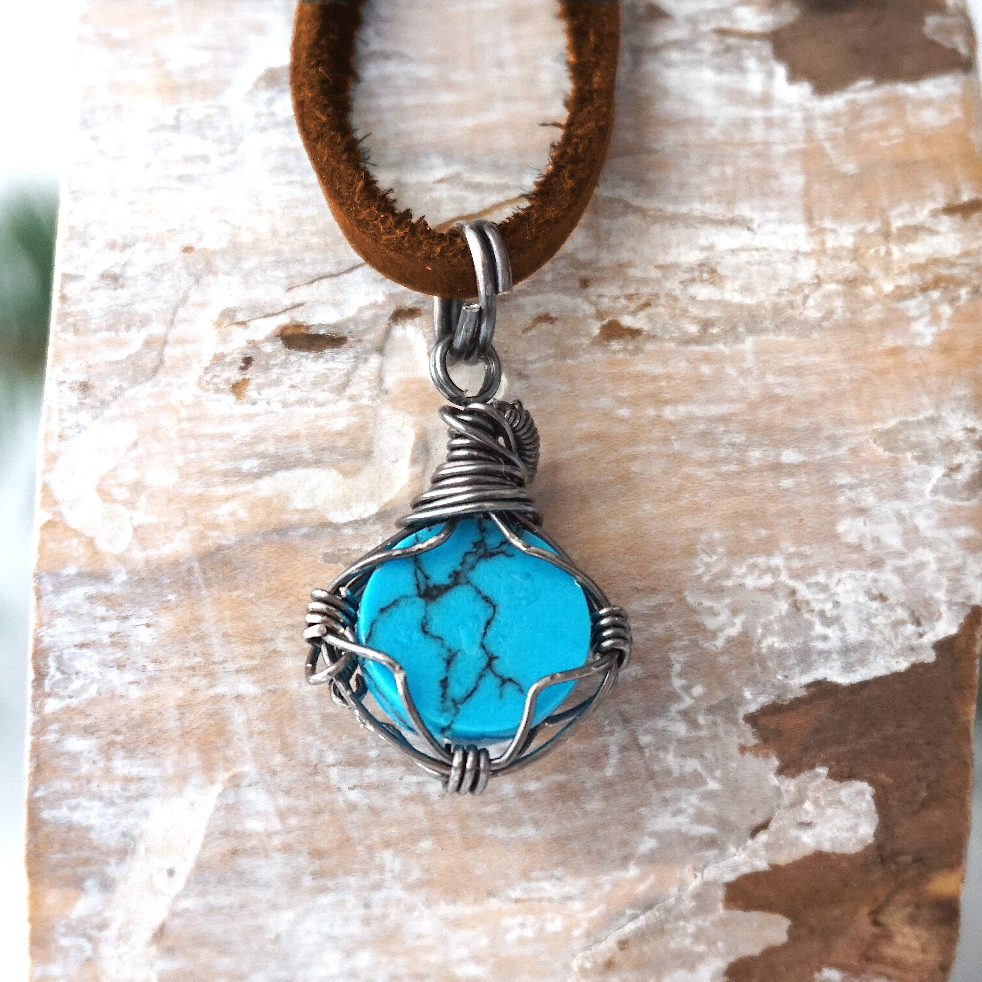 Vintage Turquoise Charm Necklace - Handmade Antiqued Sterling Silver Pendant with Brown Leather Cord - Boho Jewelry for Women, Perfect for Casual Wear & Gift Giving