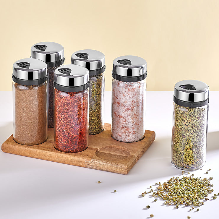 Premium 6-Piece Spice Jar Set with Wooden Rack - Organize Your Kitchen Spices for Easy Cooking & Baking | Perfect for Home Chefs & Pantry Storage
