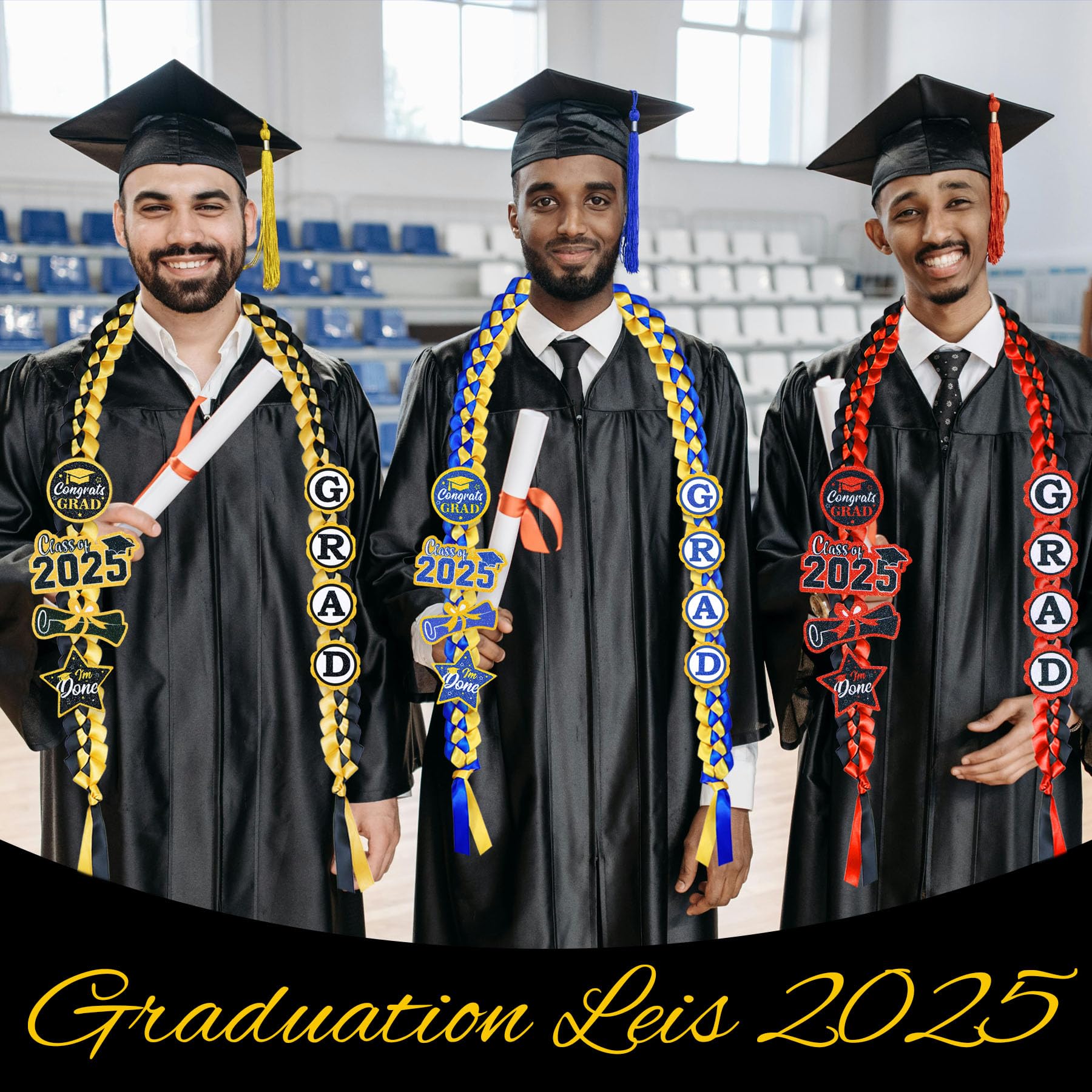 2025 Graduation Money Leis - Handmade Double Braided Ribbon Lei with 8 Glitter Patches for Graduation Party Decor (Black & Gold) | Perfect for High School & College Graduation Gifts