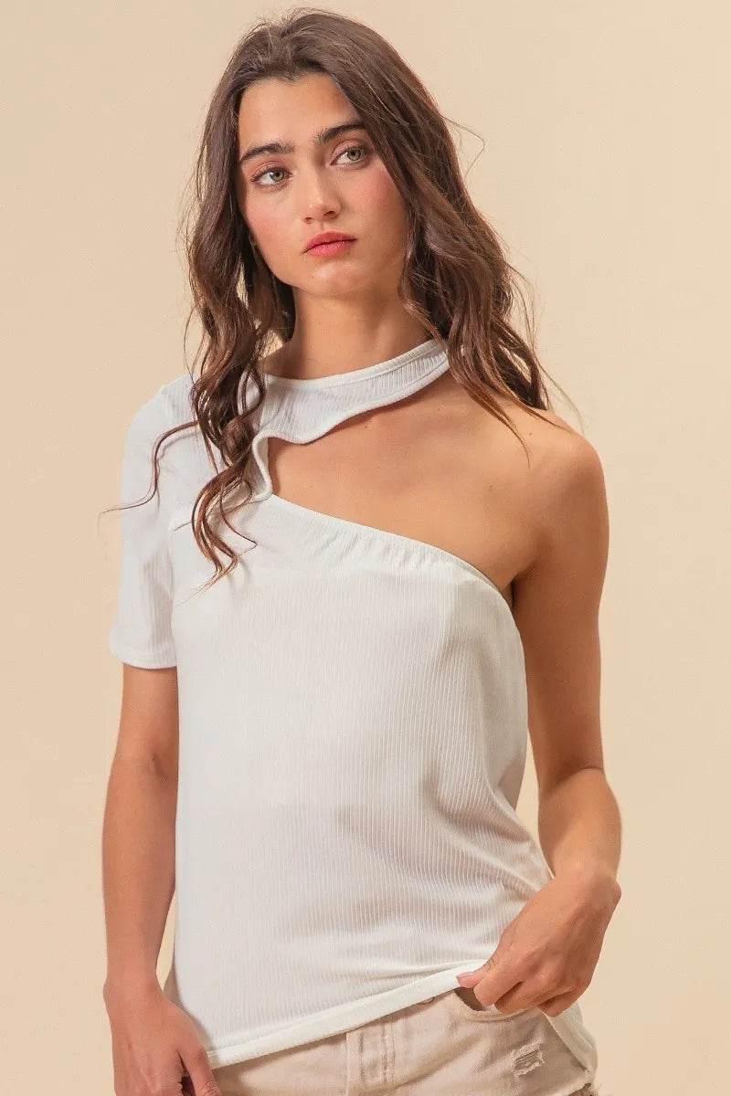 BiBi Soft Rib Knit Cut Out One Shoulder Top - Women's Fashion Stretch Knit Blouse for Casual Wear, Night Out, and Party Outfits