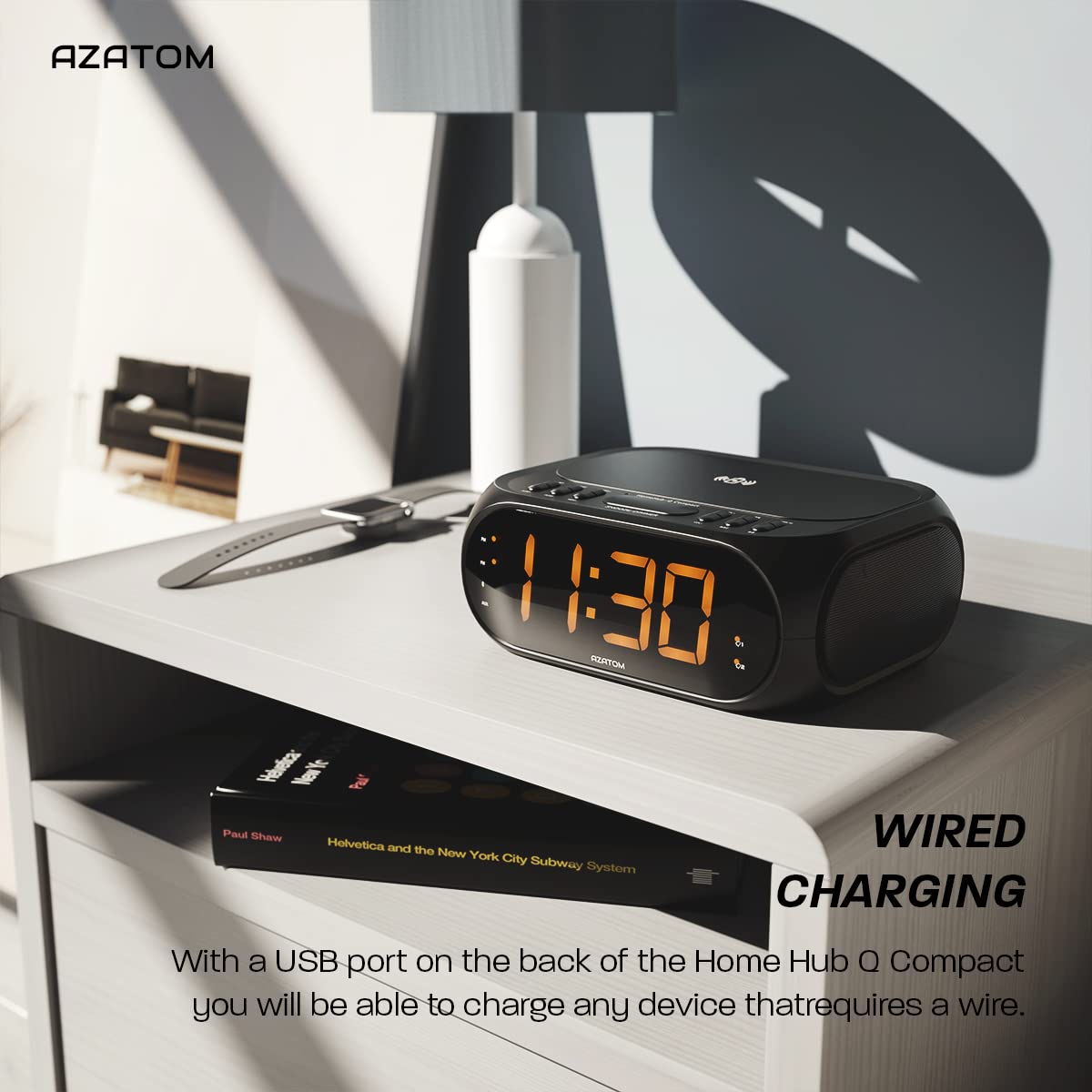 AZATOM Homehub Compact Bluetooth Alarm Clock with QI Wireless Fast Charger for iPhone & Android - Bedside Nightstand, Office Desk, Travel (Black)