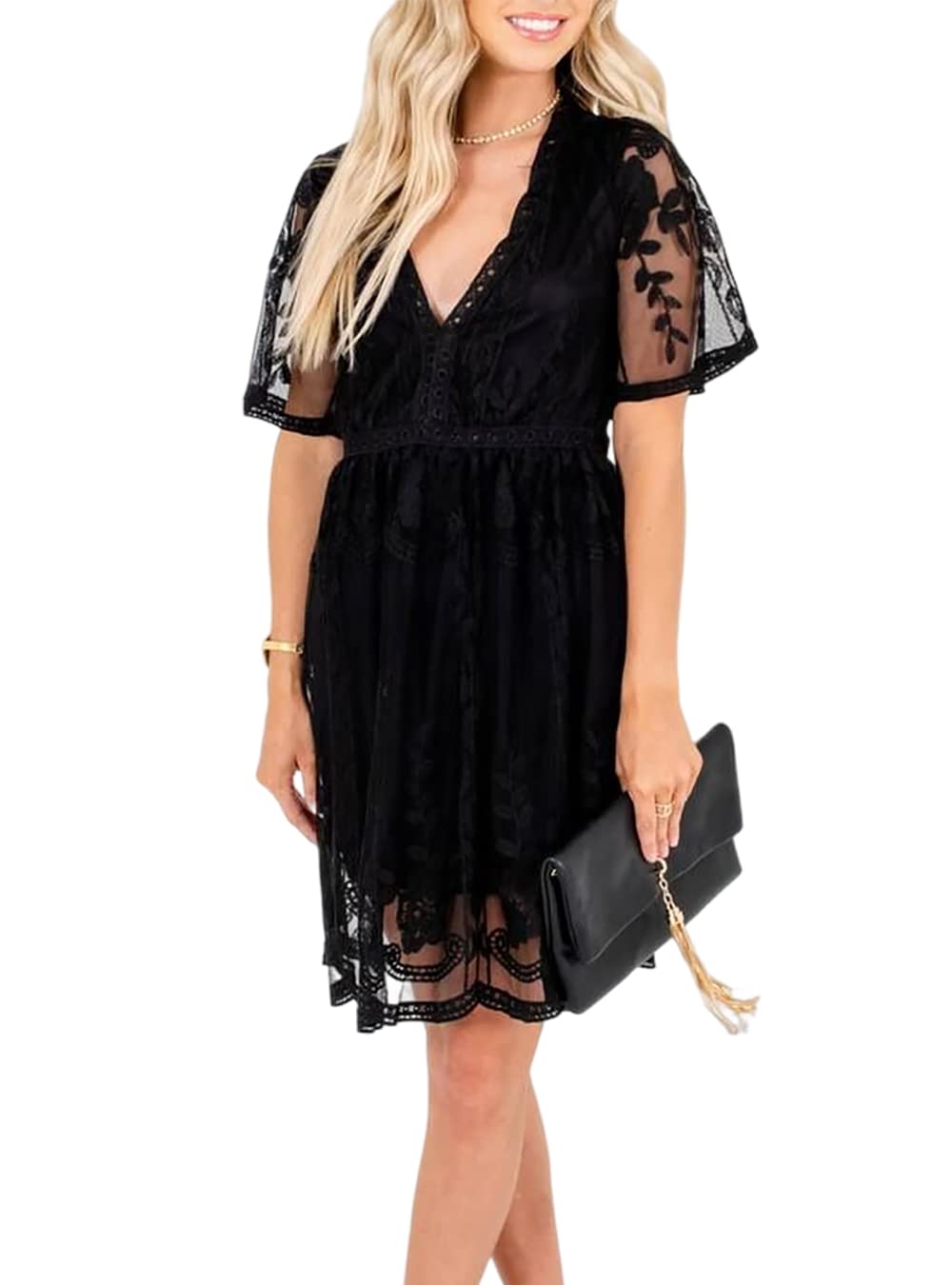 HOYISHION Women's Floral Embroidered Lace V-Neck Mini Dress - Wedding Guest, Bridesmaid, Cocktail Party Outfit for Summer Events & Date Nights