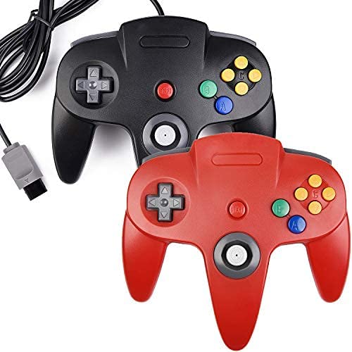 KIWITATA 2 Pack Classic N64 Controller - Wired Retro Game Controller for Nintendo 64 Console (Red & Black) - Perfect for Mario Kart 64, Super Smash Bros & GoldenEye 007 Gaming Sessions