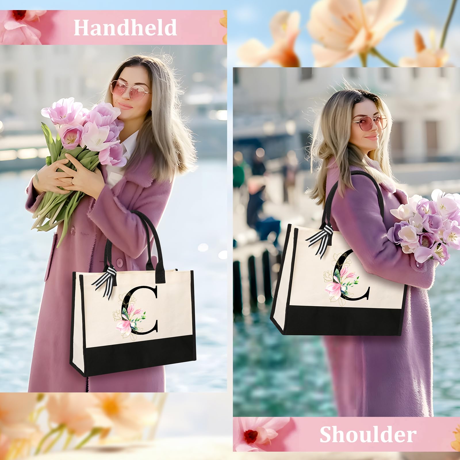 AYGE Personalized Monogrammed Canvas Beach Tote - Stylish Makeup Bag, Perfect Birthday Gift for Sister, Mom, Teacher, Bridesmaid - Ideal for Beach Trips, Shopping, and Daily Use