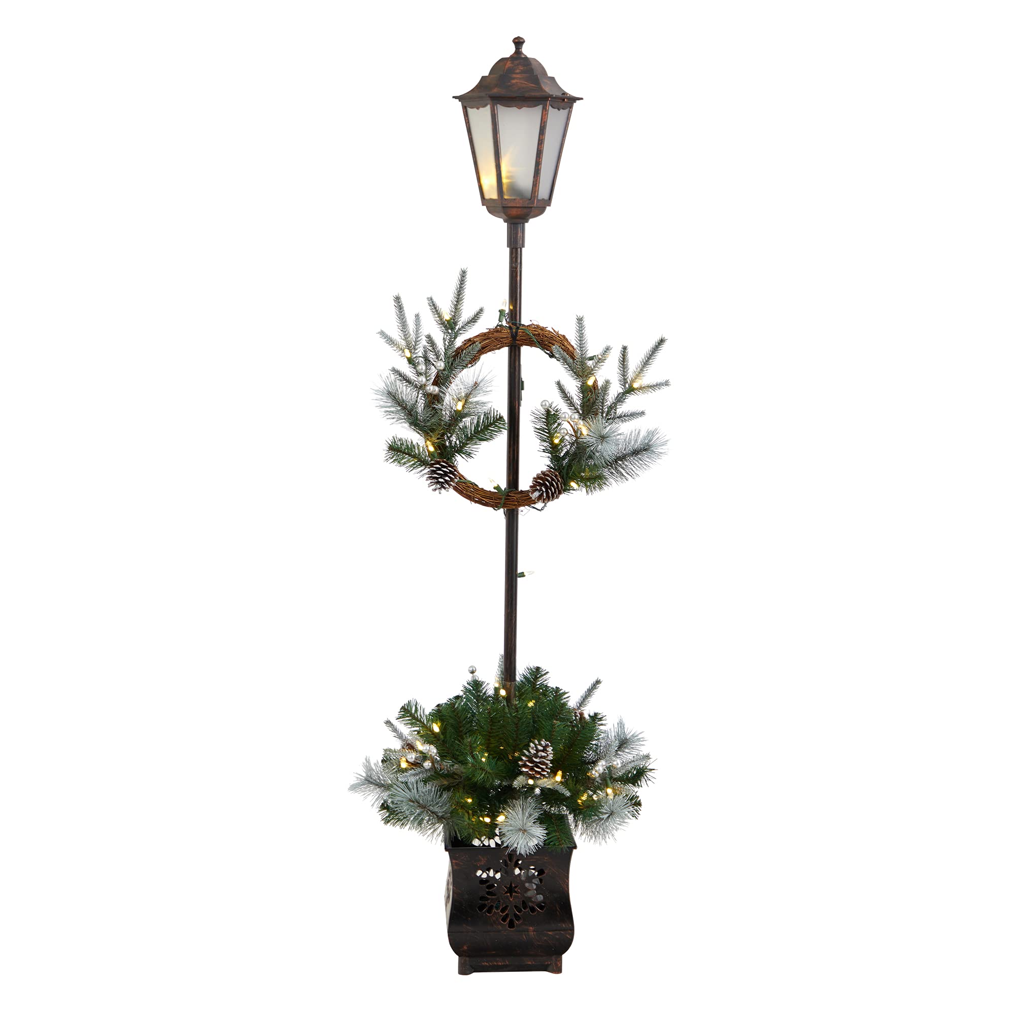 Nearly Natural 5ft Pre-Lit Artificial Christmas Greenery Lamp Post with Decorative Container & 50 LED Lights - Indoor/Outdoor Holiday Decor for Patio, Porch, Yard & Garden