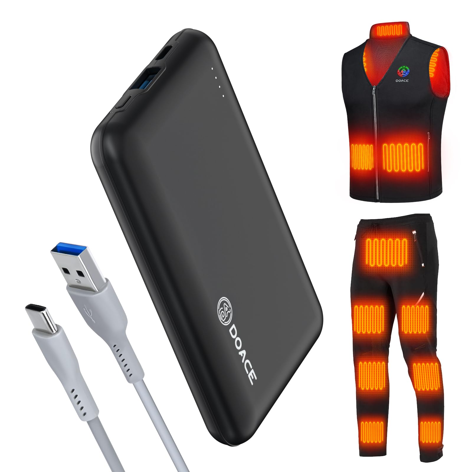 DOACE 10000mAh Portable Power Bank for Heated Vest - 5V/3A Fast Charging Battery Pack with USB-C Cable - 15W Portable Charger Compatible with Heated Jacket, Pants, Scarf & iPhone 14/13 Series (Black) | Perfect for Winter Outdoor Activities, Skiing, Hiking and Camping