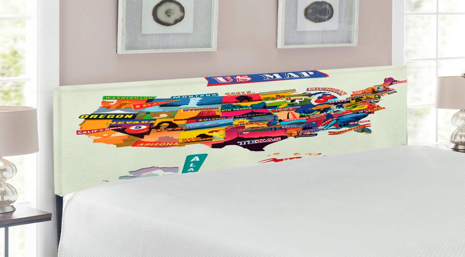 Ambesonne Wanderlust King Size Upholstered Headboard - US Map Seashore & Sunflowers Design with Memory Foam, Decorative Metal Bed Frame for Master Bedroom, Guest Room or Vacation Home Decor