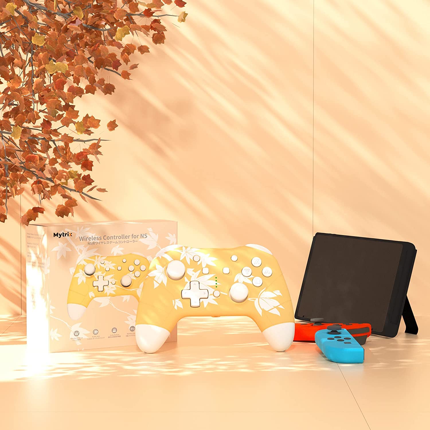 Mytrix Wireless Pro Controller for Nintendo Switch/Lite/OLED - Cute Maple Leaf Orange Gamepad with Wake-Up, Headphone Jack, Turbo Auto-Fire, Motion & Vibration | Perfect for Gaming at Home or On-The-Go