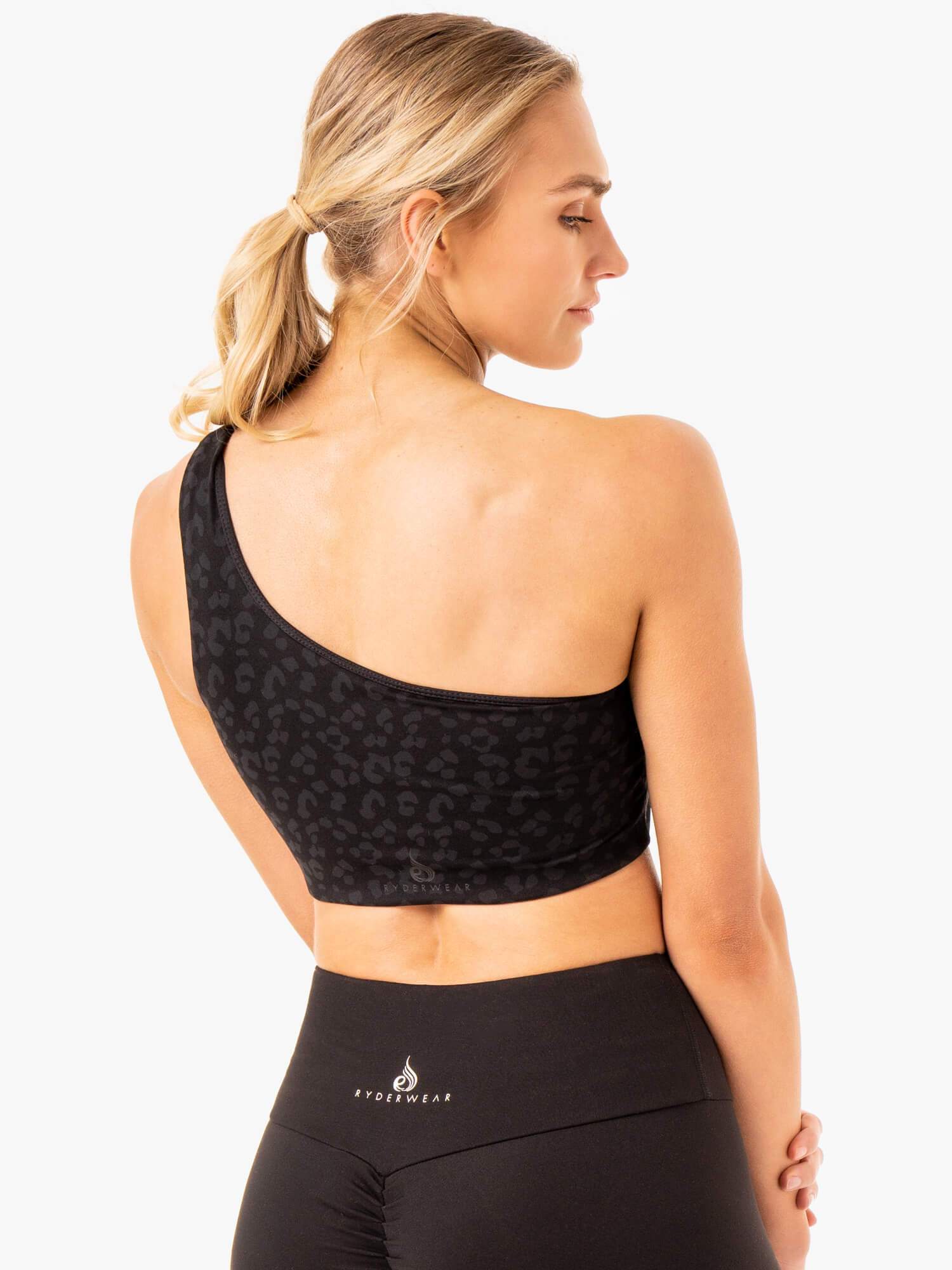 Adapt One Shoulder Sports Bra - Black Leopard Print for Yoga, Running & Gym Workouts