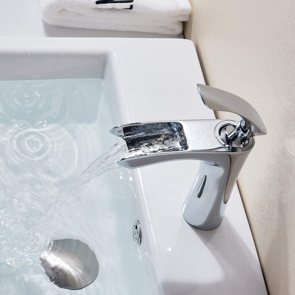 Stainless Steel Kitchen Sink Faucet with Single Handle - Deck Mounted Waterfall Basin Tap in Bright Chrome Finish - Hot & Cold Water Mixer for Bathroom Vanity - Perfect for Modern Kitchens and Bathroom Sinks