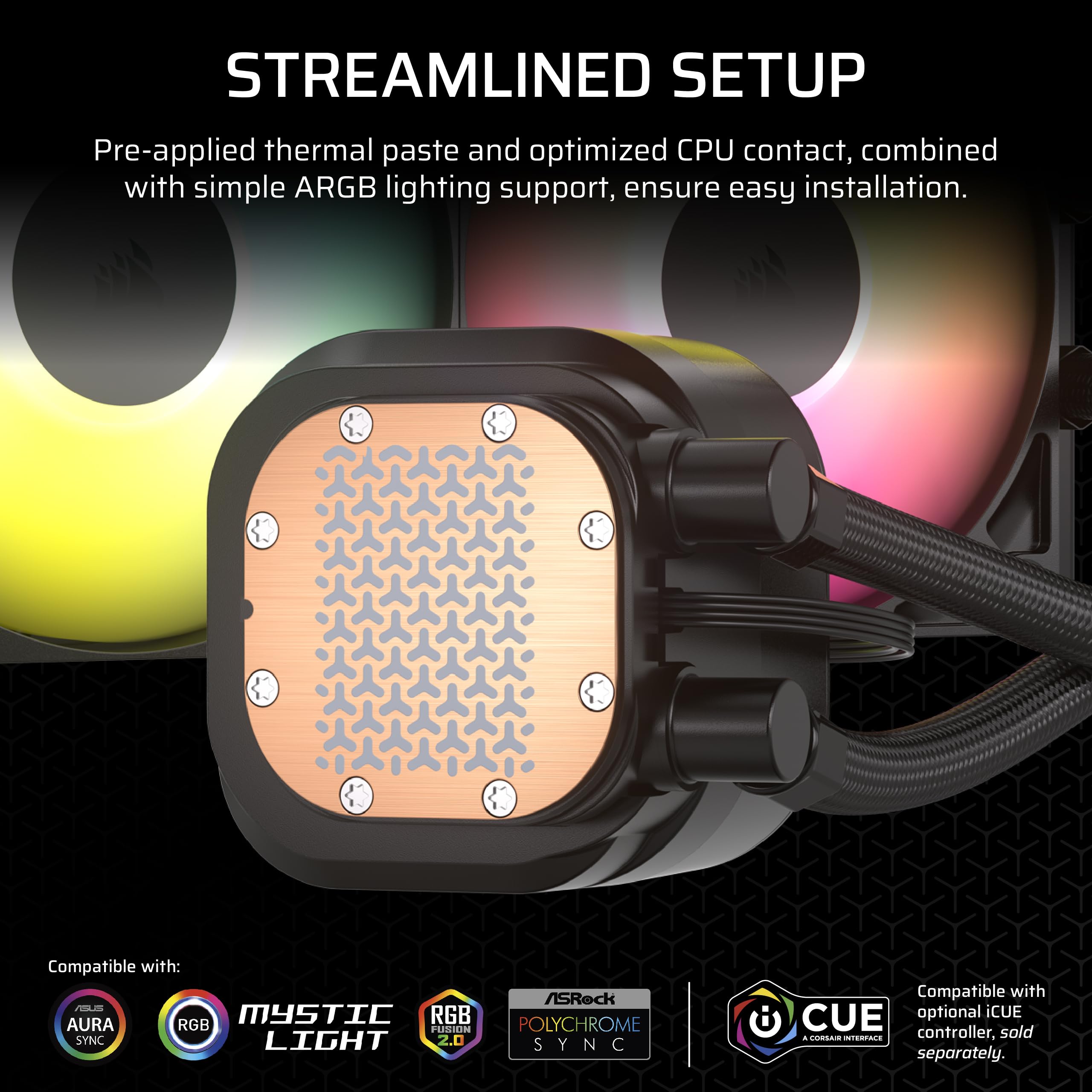 CORSAIR Nautilus 240 RS ARGB Liquid CPU Cooler - 240mm AIO Water Cooling System - Ultra Quiet Performance - Direct Motherboard Sync - Daisy-Chain RGB - Compatible with Intel LGA 1851/1700 & AMD AM5/AM4 - Includes 2X RS120 ARGB Fans - Black - Perfect for Gaming PCs and High-Performance Workstations