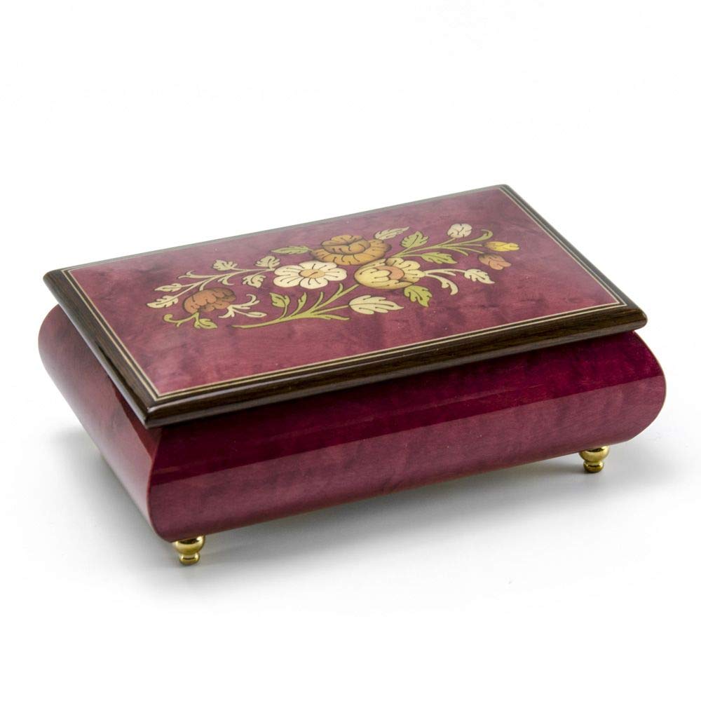 Remarkable 30-Note Red Wine Floral Theme Wood Inlay Musical Jewelry Box with 18th Variation (Rachmaninoff) - Elegant Gift for Women, Music Lovers & Collectors - Perfect for Jewelry Storage, Home Decor & Special Occasions