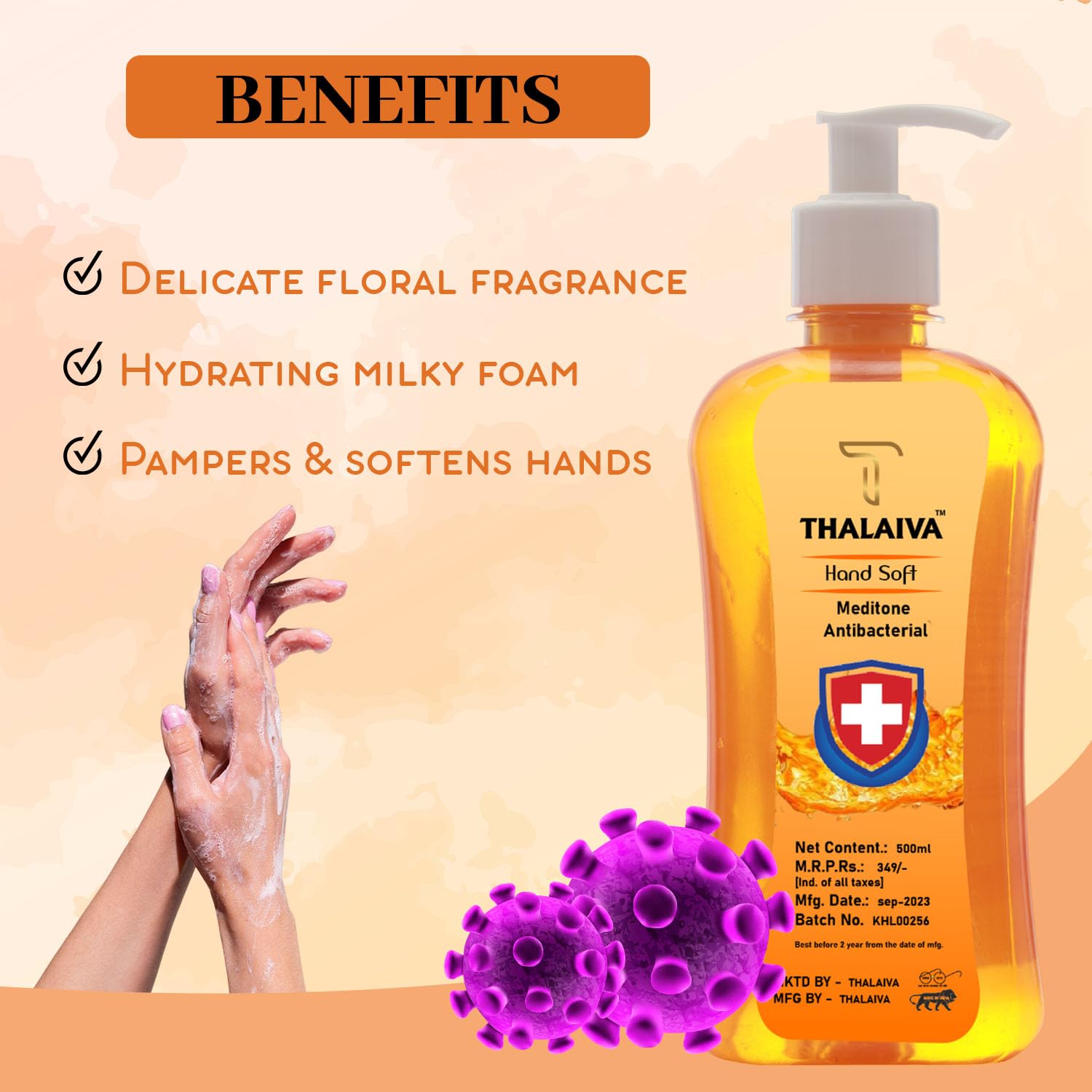THALAIVA Antibacterial Hand Wash Liquid 500ml | 99.99% Germ Protection | Moisturizing & Refreshing Luxury Hand Soap for Home, Kitchen & Bathroom | Pack of 1 | Gentle on Skin | Ideal for Daily Use & Family Hygiene