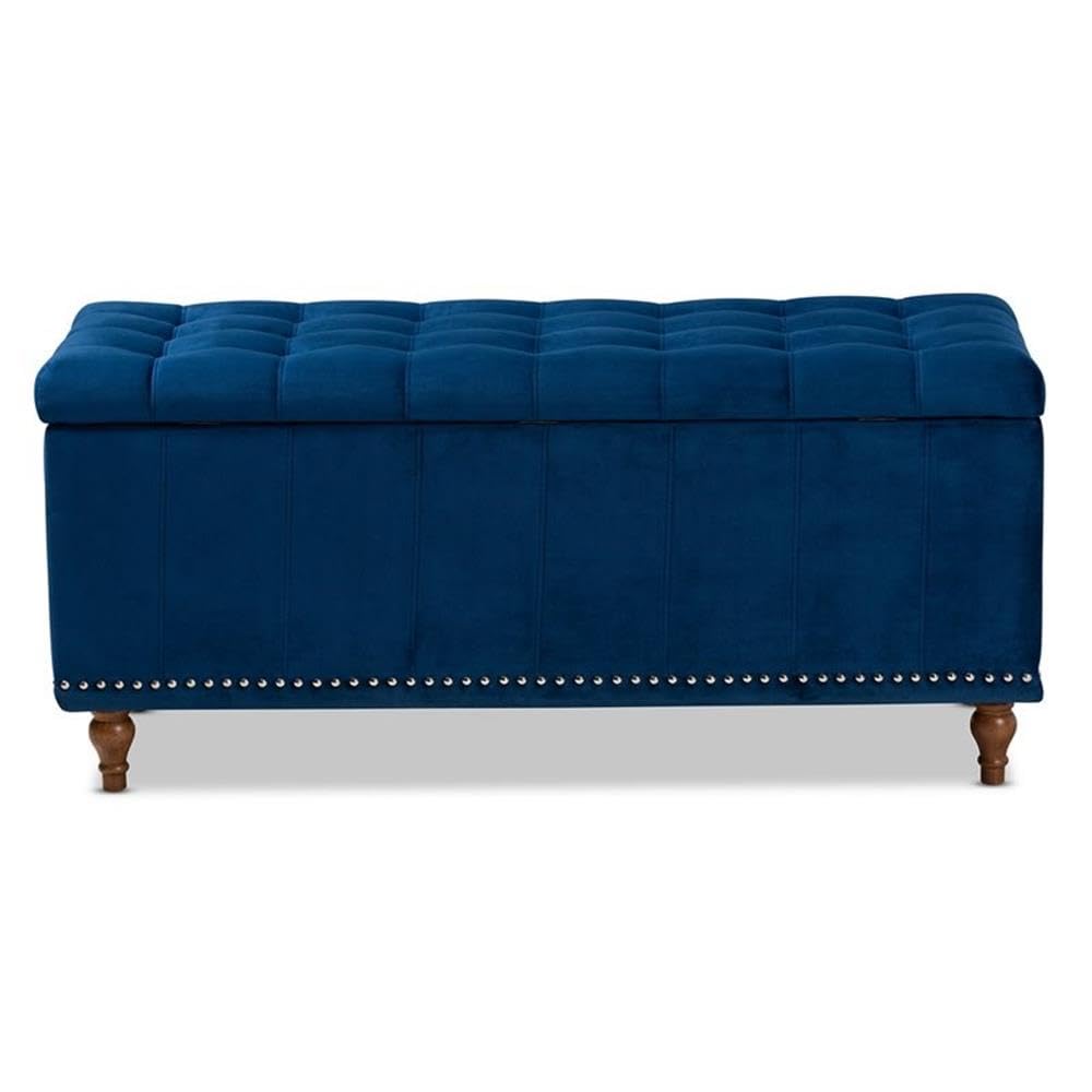 BOWERY HILL Navy Blue Velvet Upholstered Storage Ottoman Bench with Tufted Design - Stylish Footrest, Seat & Hidden Storage for Living Room, Bedroom & Entryway