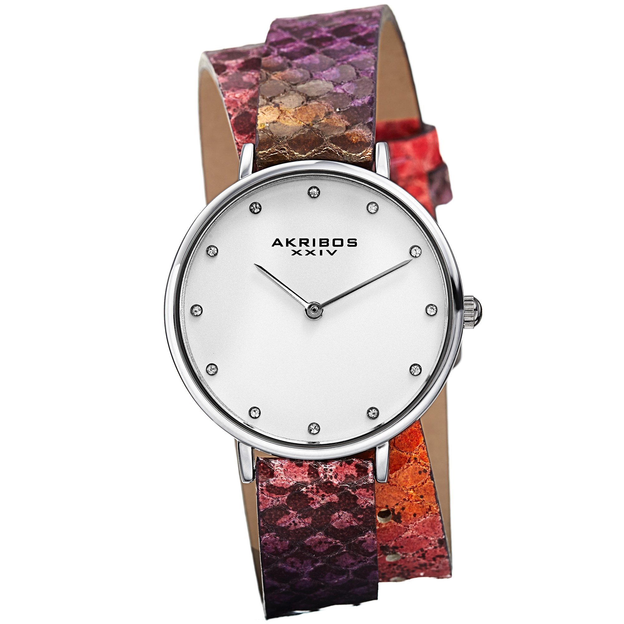 Akribos XXIV Women's Swarovski Crystal Watch - 12 Genuine Swarovski Crystals, Snakeskin Leather Double Strap, Roman Numerals - Perfect for Formal Events, Office Wear & Luxury Gift Giving