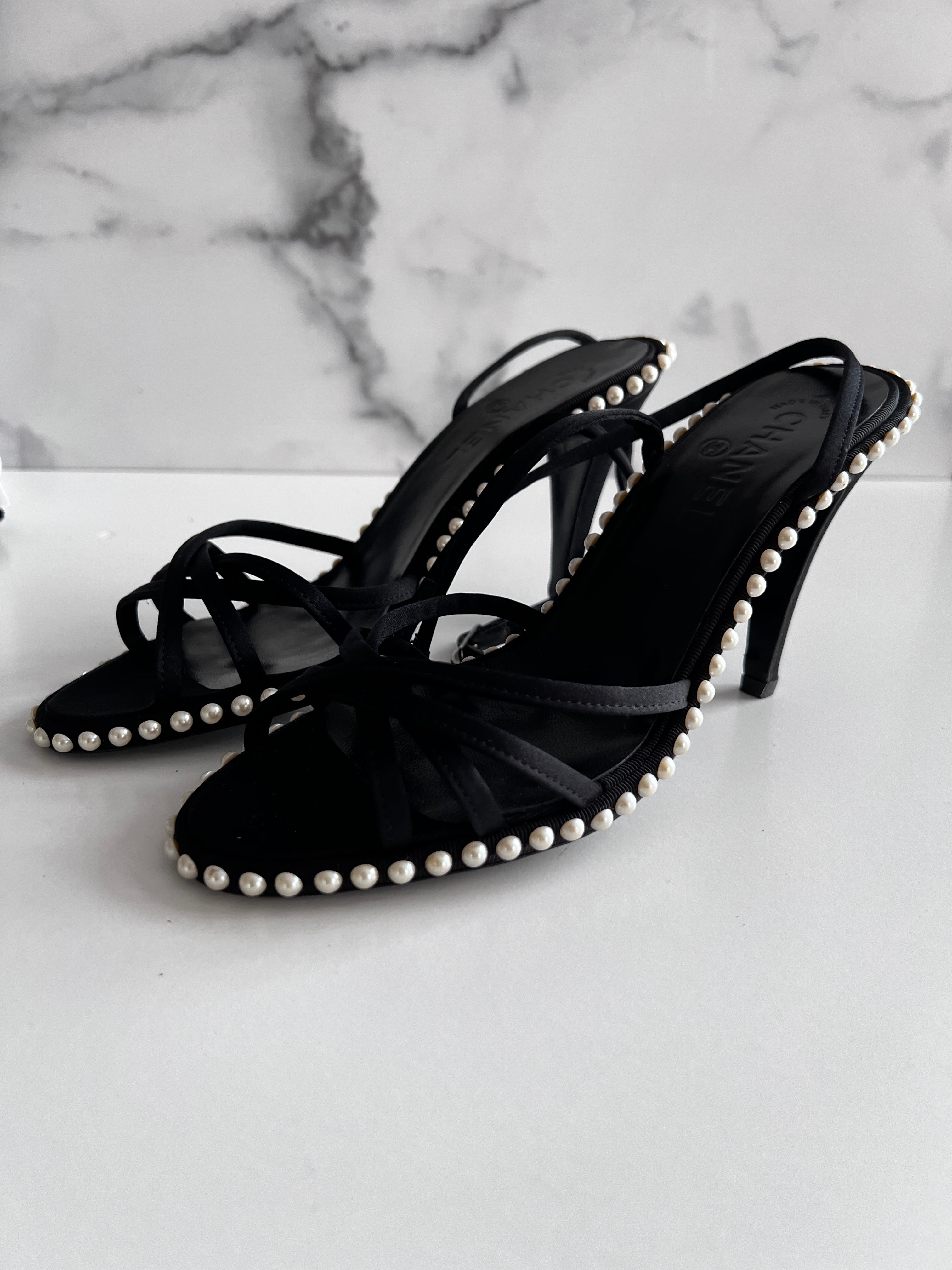 Chanel Black Satin Pearl Embellished Ankle Wrap Heels - Elegant Women's Luxury High Heels for Parties, Weddings & Special Occasions