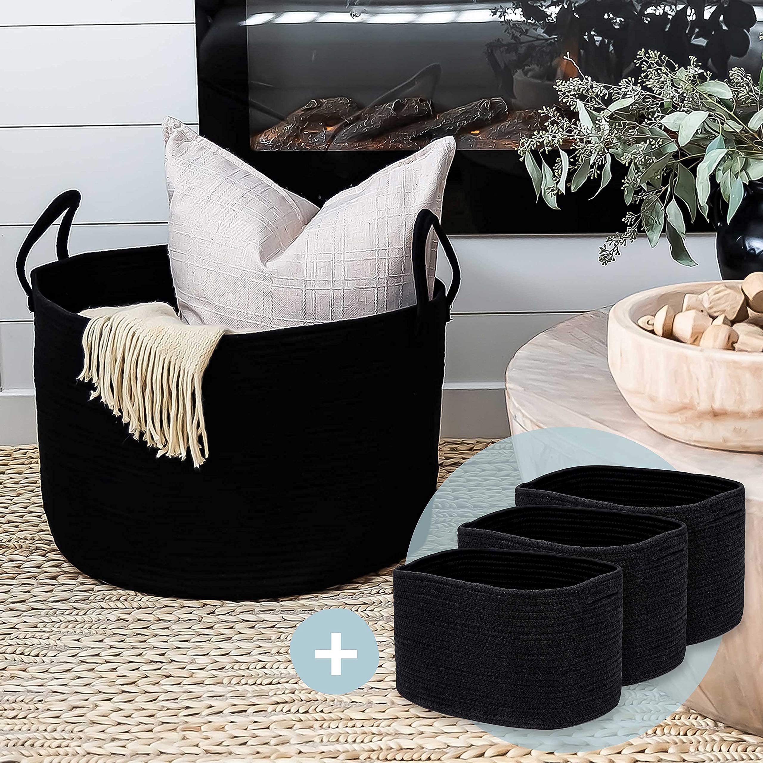 3-Piece Shelf Cube Baskets Set with Wide Rope Baskets & 2 Planter Baskets - Black | Storage Organizer for Home, Office, Nursery & Closet
