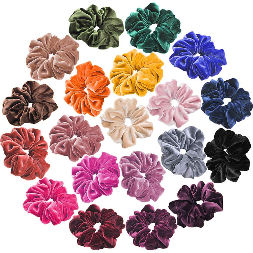 FAMEZA 20 Pack Velvet Scrunchies Hair Ties - Soft Elastic Hair Bands for Women & Girls (Assorted Colors) - Perfect for Workouts, Office, School & Everyday Hair Styling