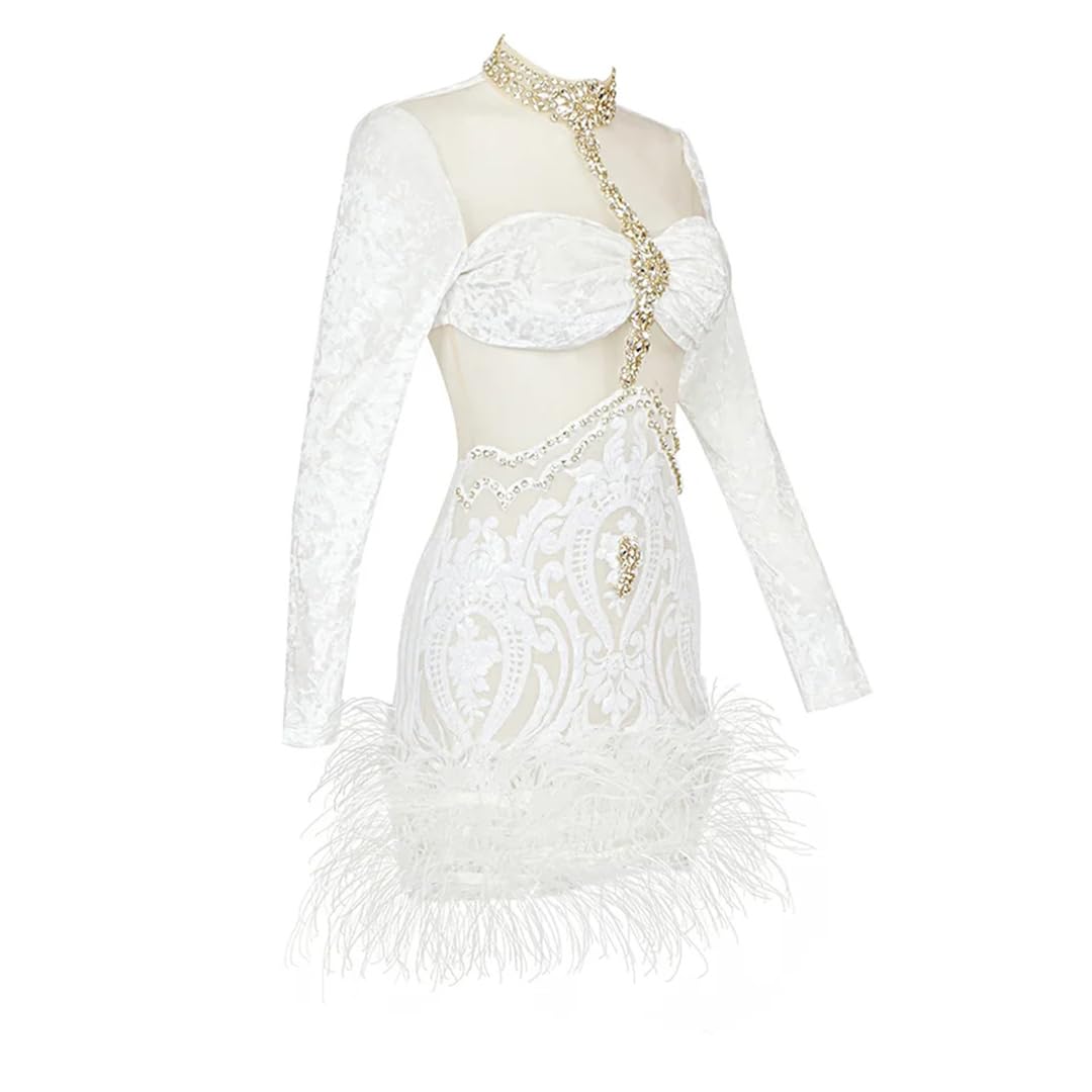 Sparkling Rhinestone Feather Mini Dress for Women - Elegant Turtleneck Long Sleeve Mesh Bodycon Party Gown | Perfect for Cocktail Parties, Nightclub Events & Holiday Celebrations