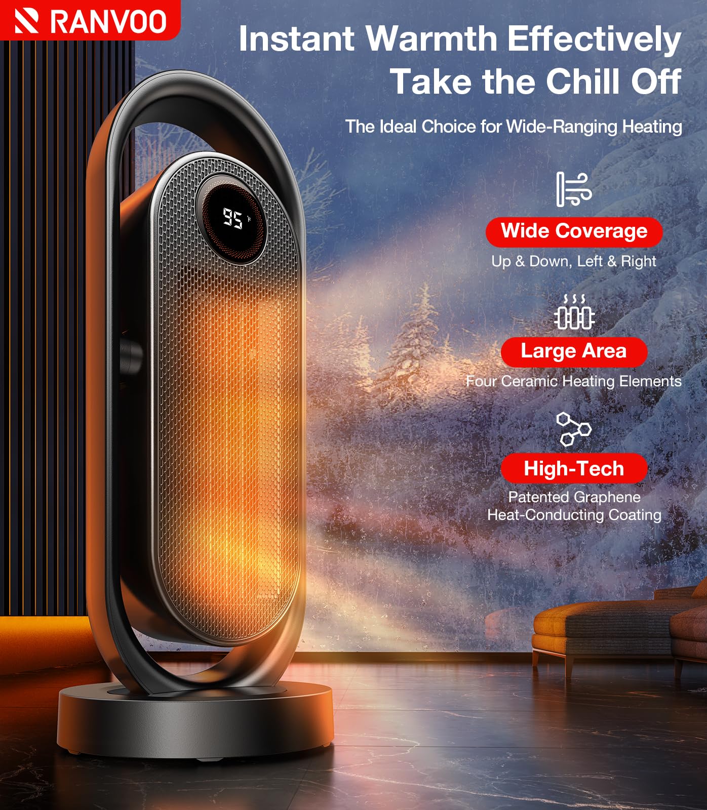 RANVOO 1500W PTC Ceramic Space Heater - Portable Electric Heater with Thermostat, Wide Oscillation, ECO & Fan Mode, 1-12H Timer - Fast & Safe Indoor Heating for Office, Large Room, Bedroom, Home - Perfect for Winter, Energy Efficient & Quiet Operation