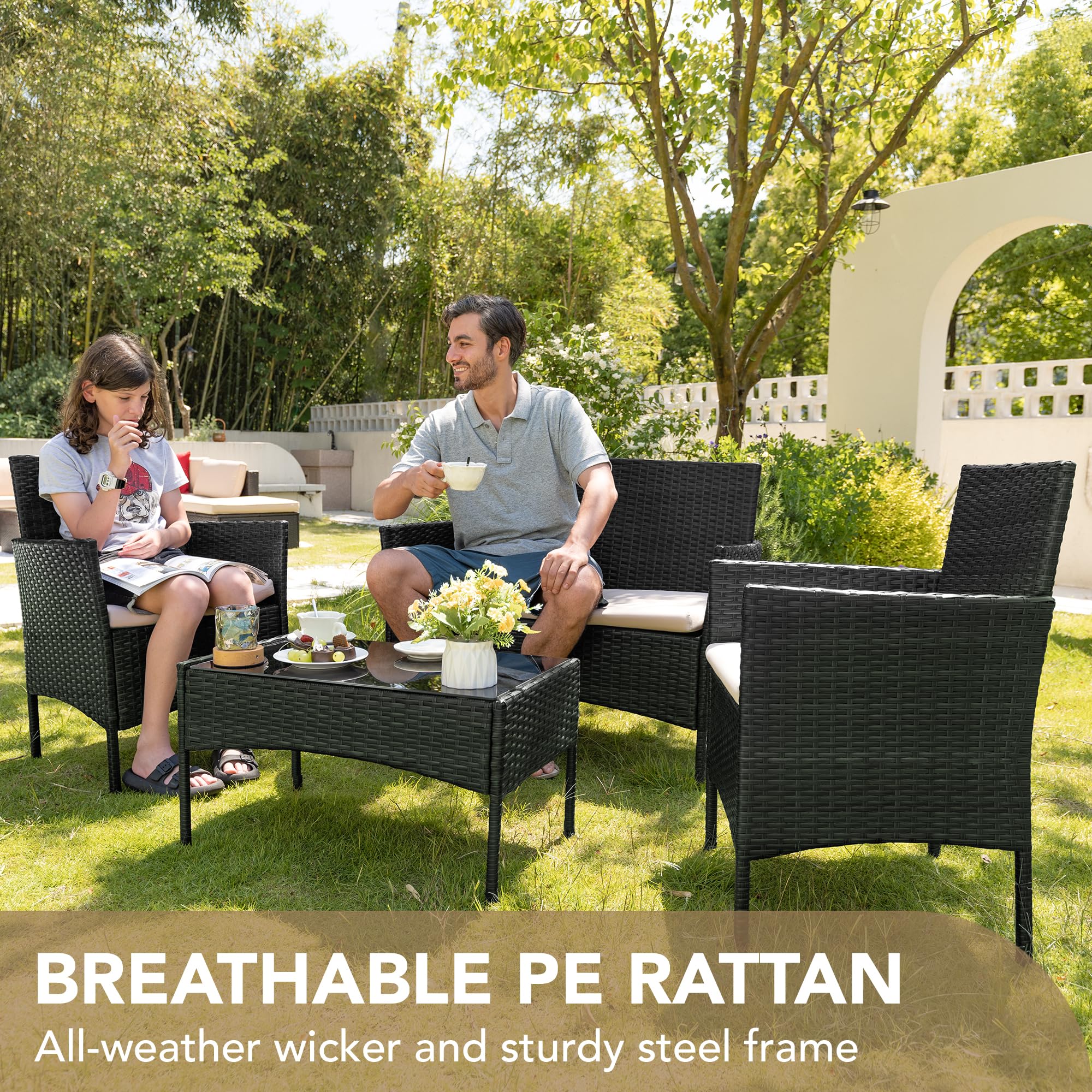 Devoko 4-Piece PE Rattan Wicker Patio Furniture Set with Beige Cushions & Coffee Table - Outdoor Garden, Porch, Backyard Seating Set (Black) - Perfect for Relaxing, Entertaining & Enjoying Sunny Days